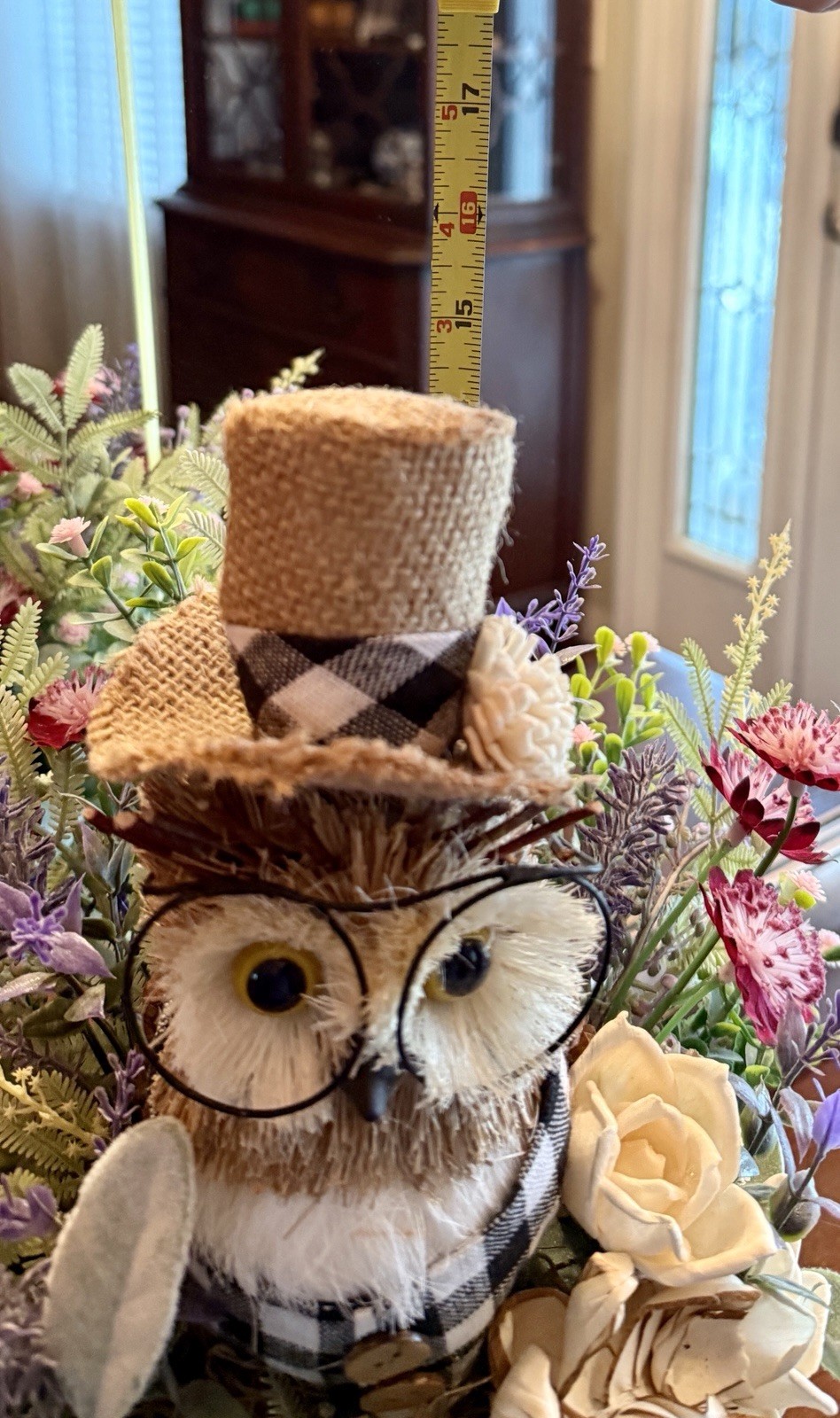 Handmade Whimsical Straw Owl Floral Arrangement Centerpiece Rustic Scroll Stand