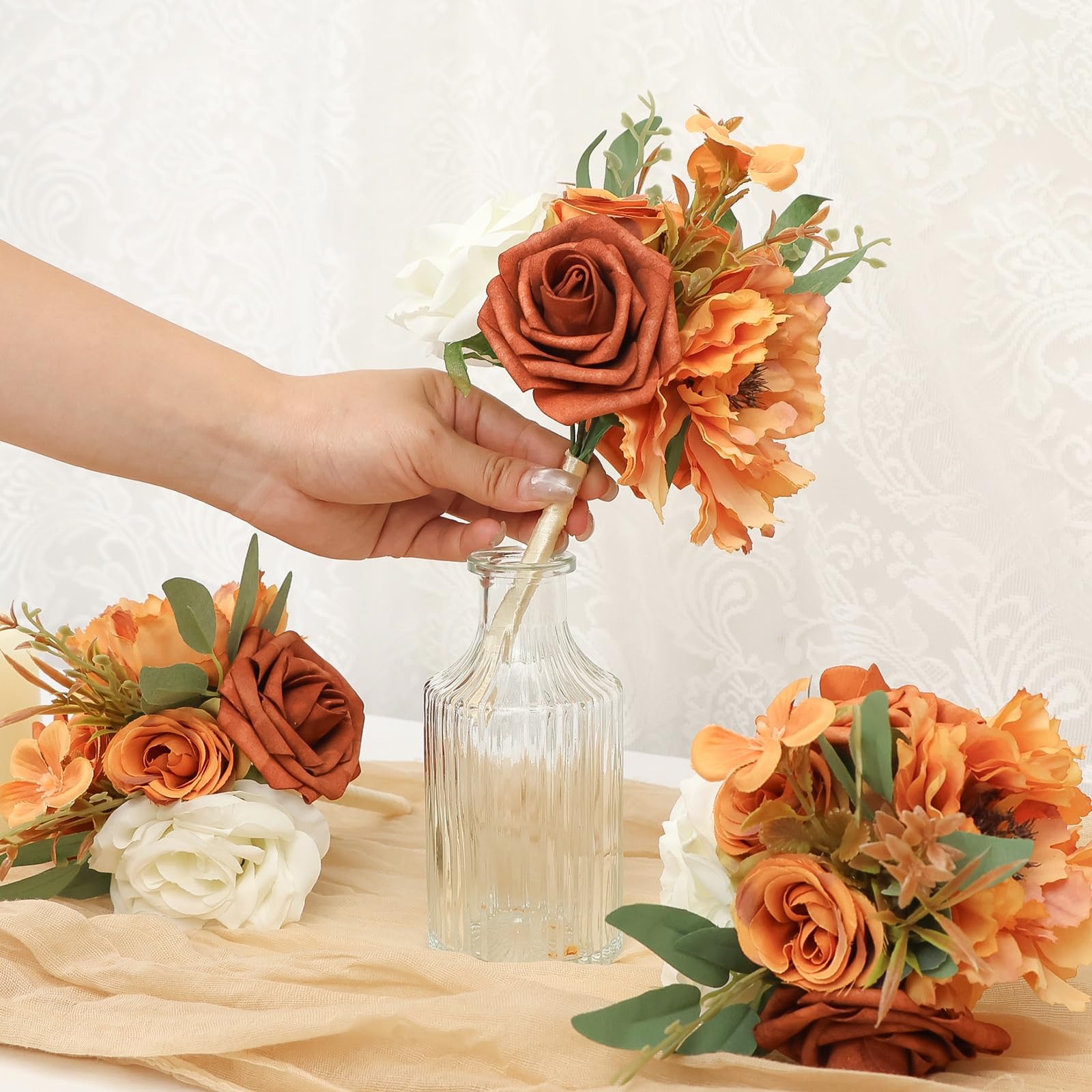 Fall Flowers Mini Bridesmaid Bouquets Set of 6 Table Decoration Burnt Orange …