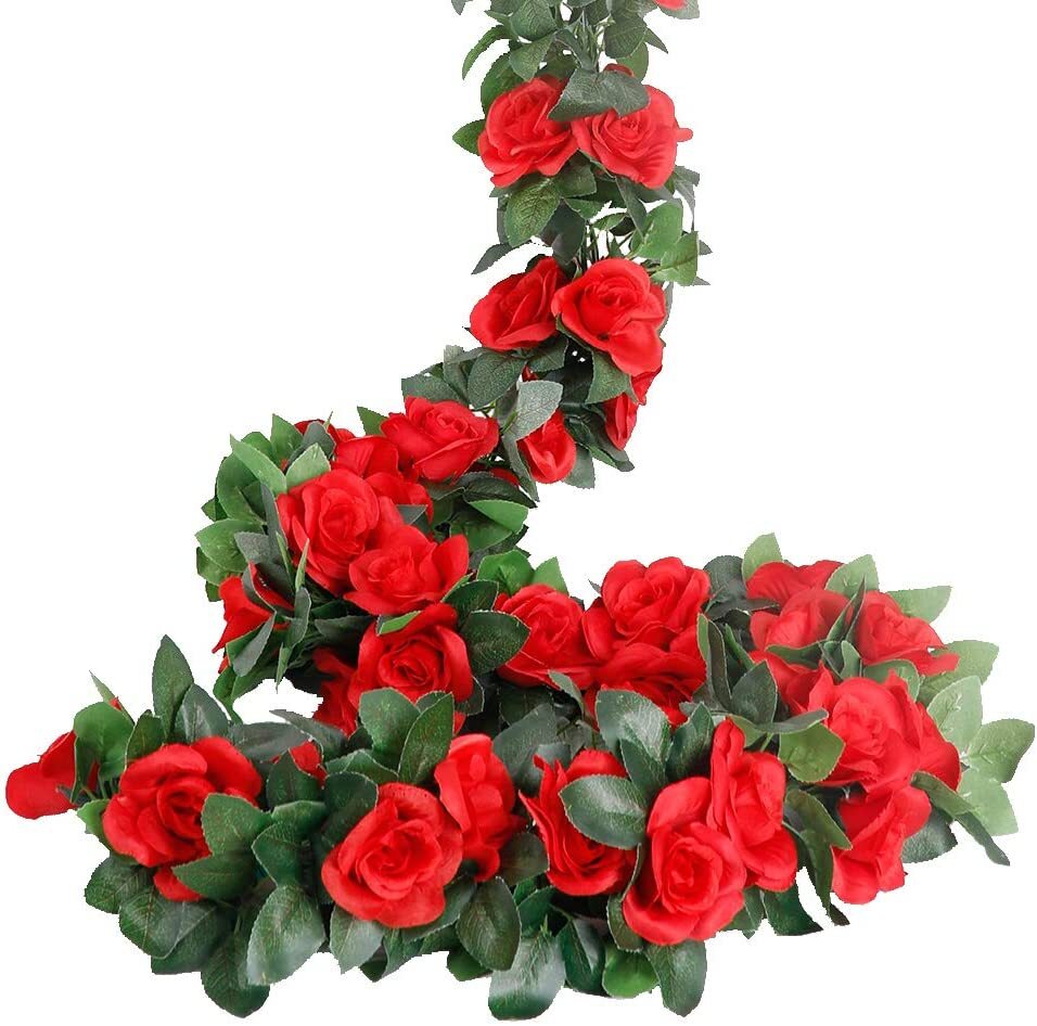7.5 Ft Red Garland Wall Silk Artificial Hanging Rose Flowers Vine Wedding Decor