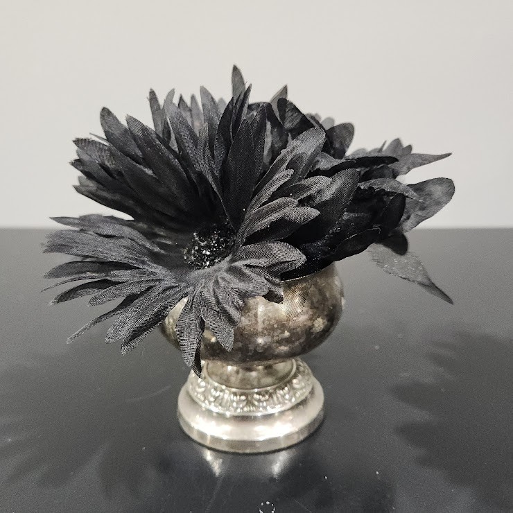 2 Old Silverplated footed bowls GOTHIC BLACK faux Floral arrangements DECOR 5″
