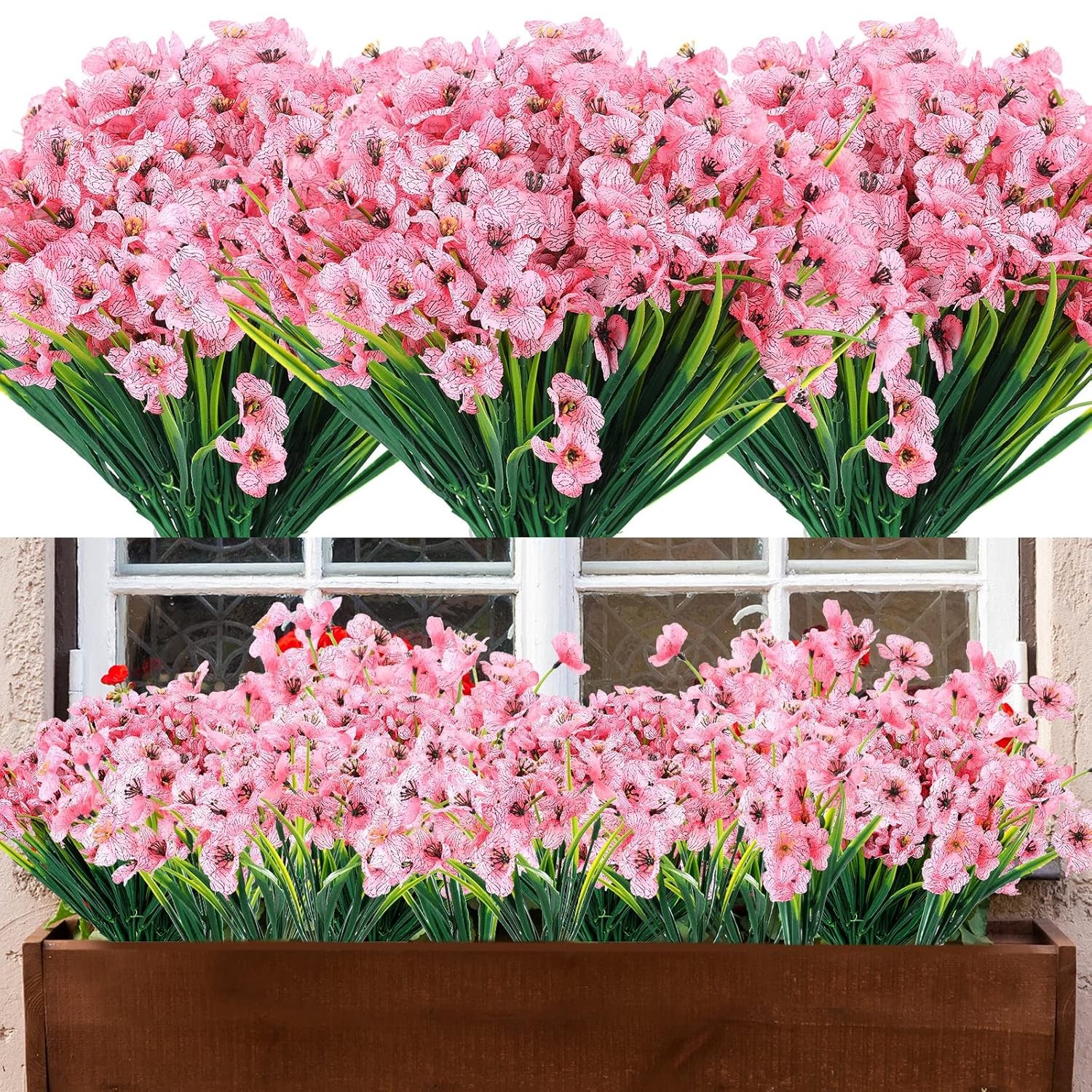 Pink Artificial Flowers 24 Pcs UV Resistant Silk Faux Outdoor Decoration