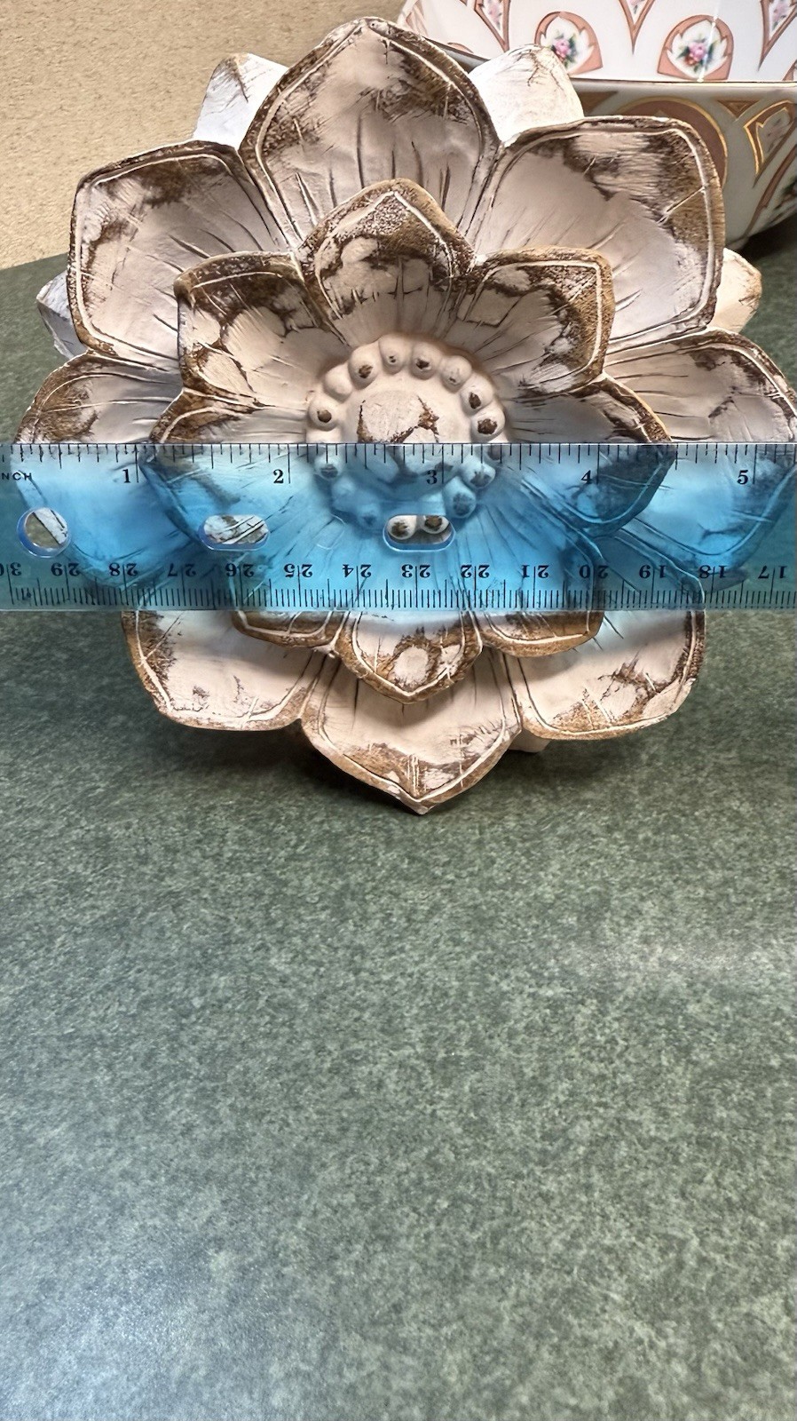 White Distressed Carved Flower/ Free Standing/ Table Decor 5 1/2”