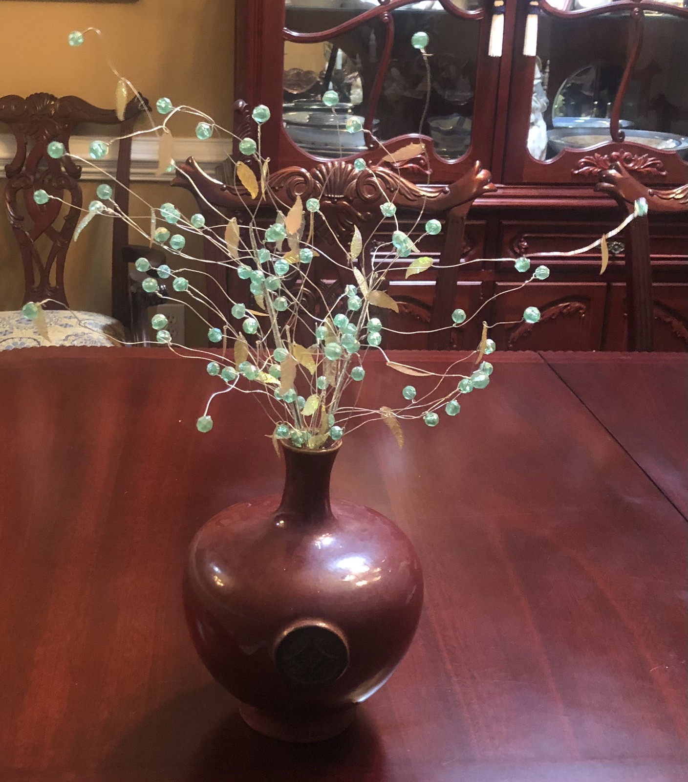 Set of 2 UNIQUE AQUA BEADED IRIDESCENT LEAVES WIRED SPRAY STEM VASE DECORATION