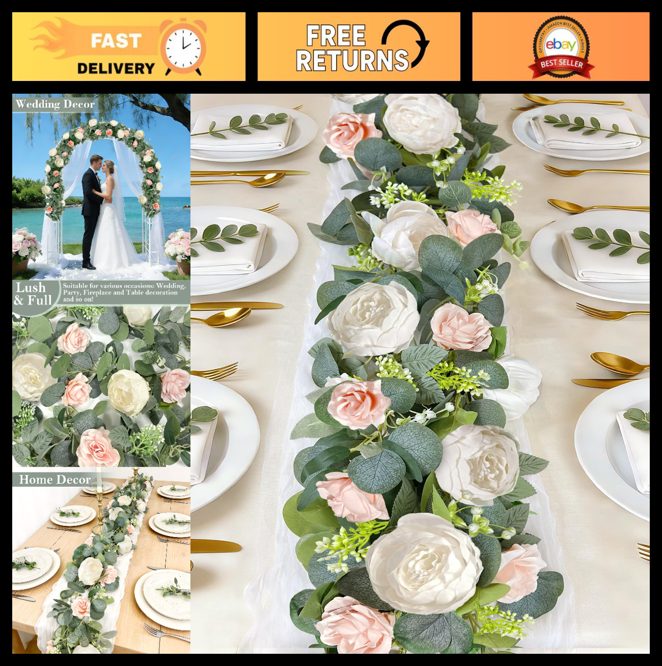 2 Pack 13FT Eucalyptus Flower Garland with White Peony & Pink Rose, Fake Floral