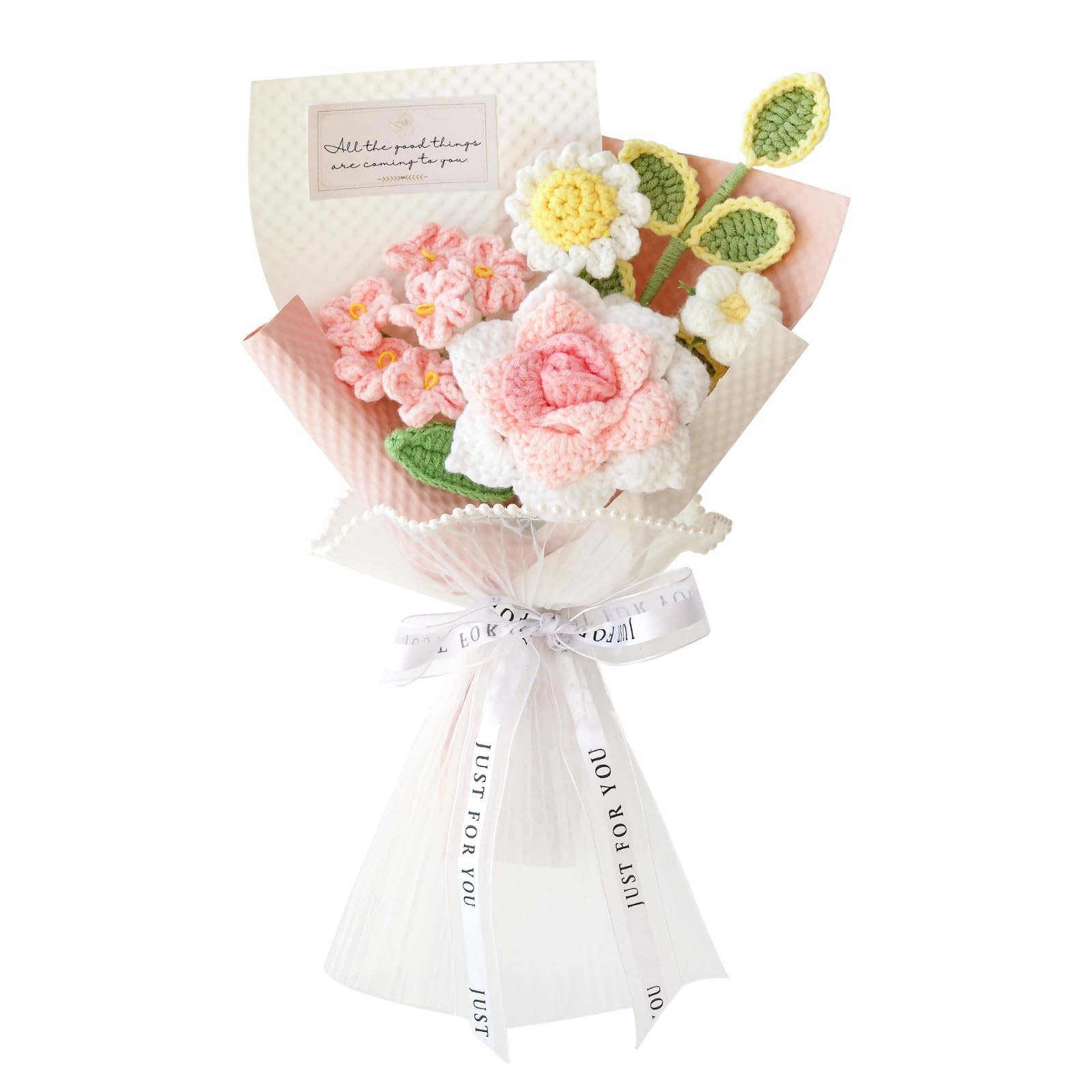 Piklado Handmade Crochet Pink Rose Daisy Bouquet for Family & Friends Finishe…