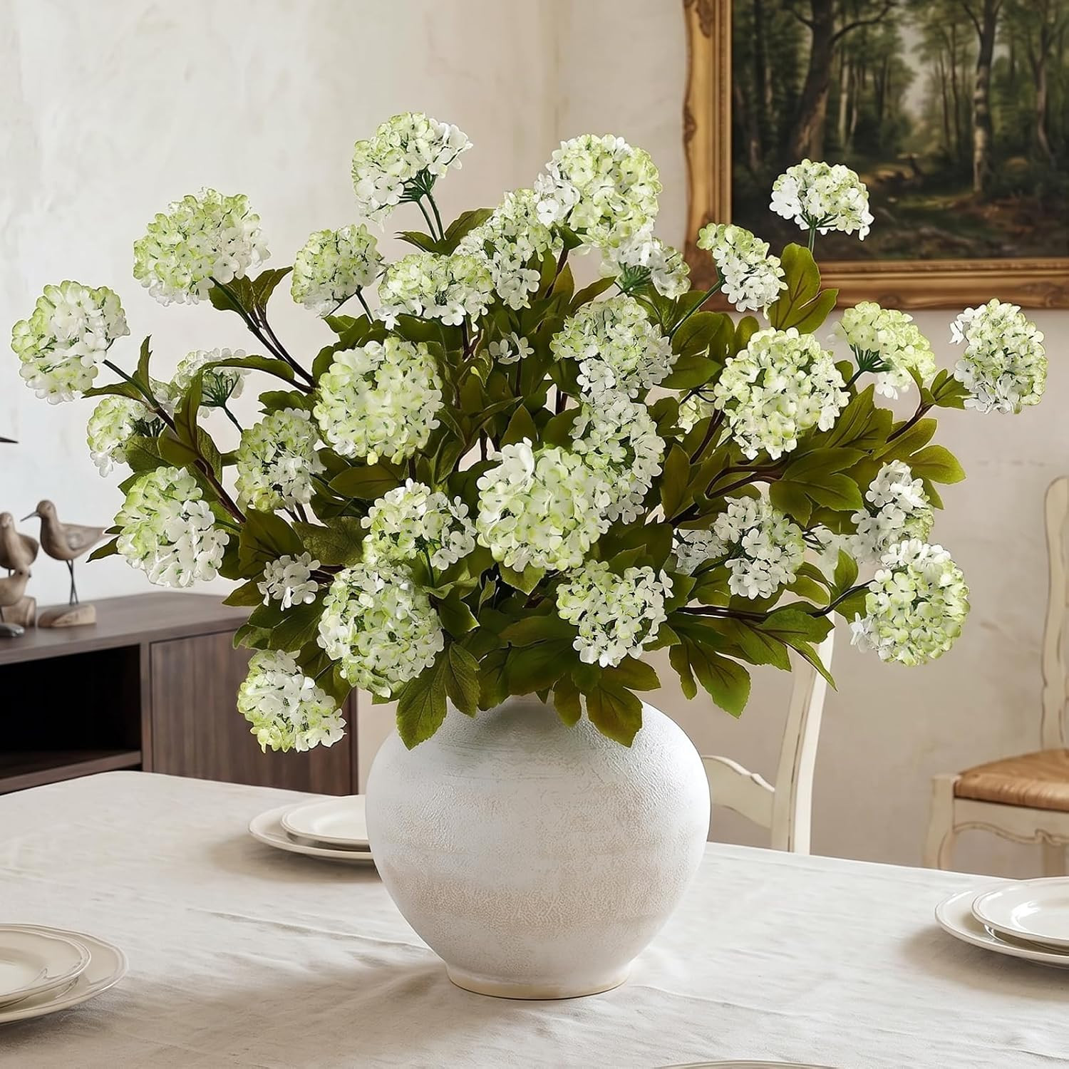 28″ Faux Hydrangea Flowers – 6 Pcs White-Green Silk Stems for Home Decor
