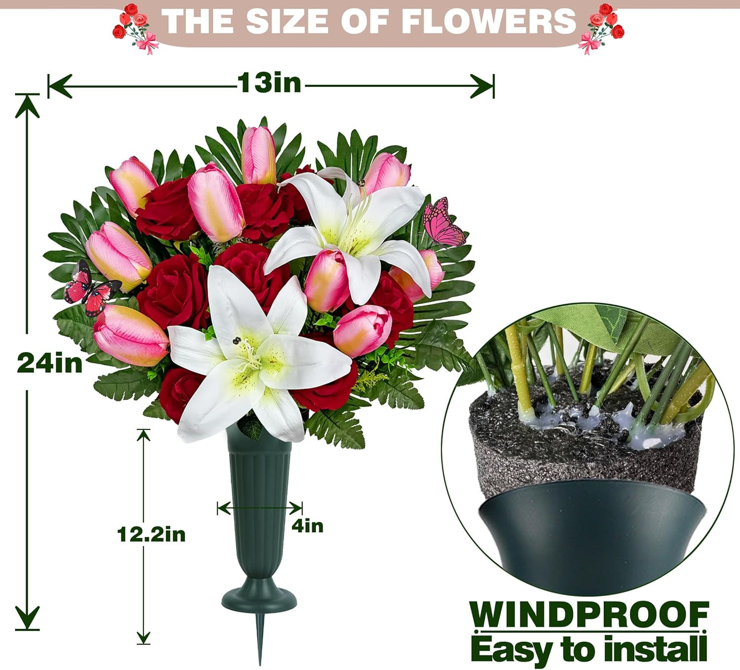 Realistic Silk Cemetery Flowers – Pink Tulip, White Lily, Red Rose Saddle Decor