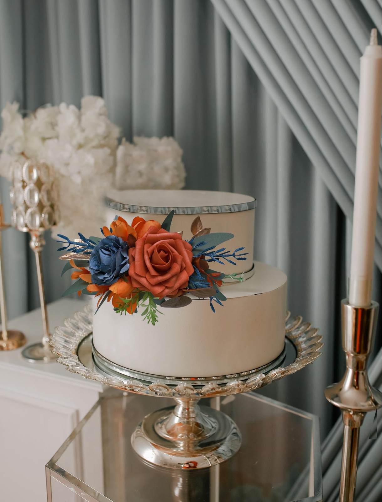 3Pcs Cake Topper Set Wedding Artificial Flowers Decor Burnt Orange-Blue Perfe…