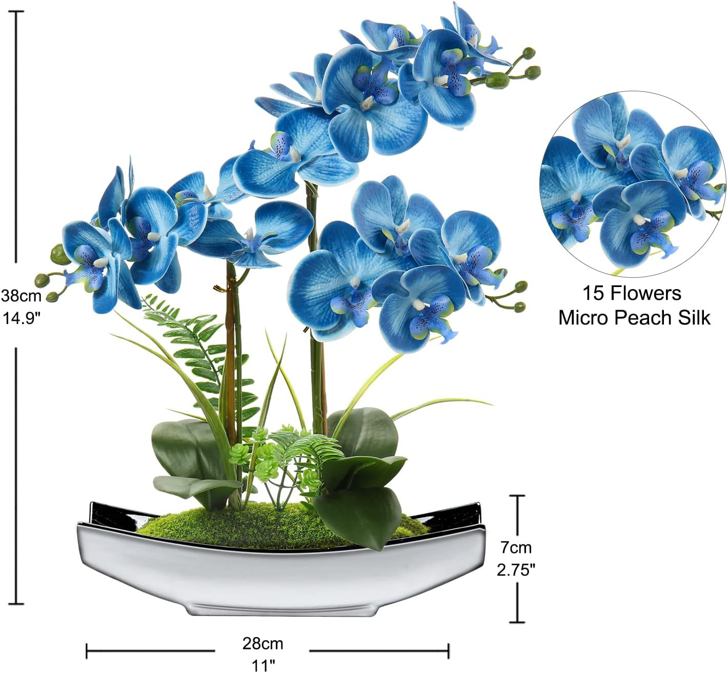 15″ Blue Phalaenopsis Orchid in Silver Pot – Real Touch Faux Flower Decor