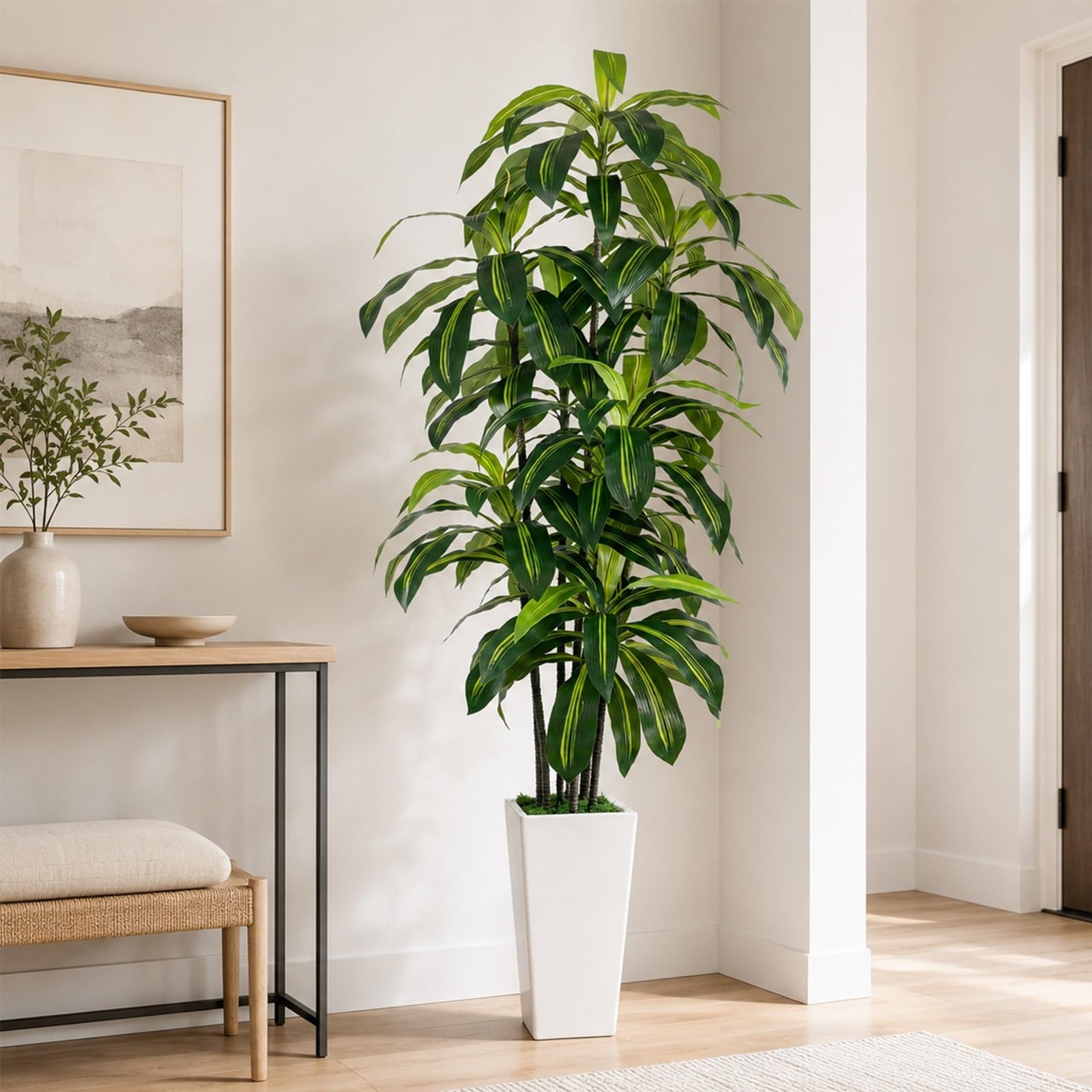 7FT Artificial Dracaena Tree – Tall Fake Plant with White Planter for Home Decor