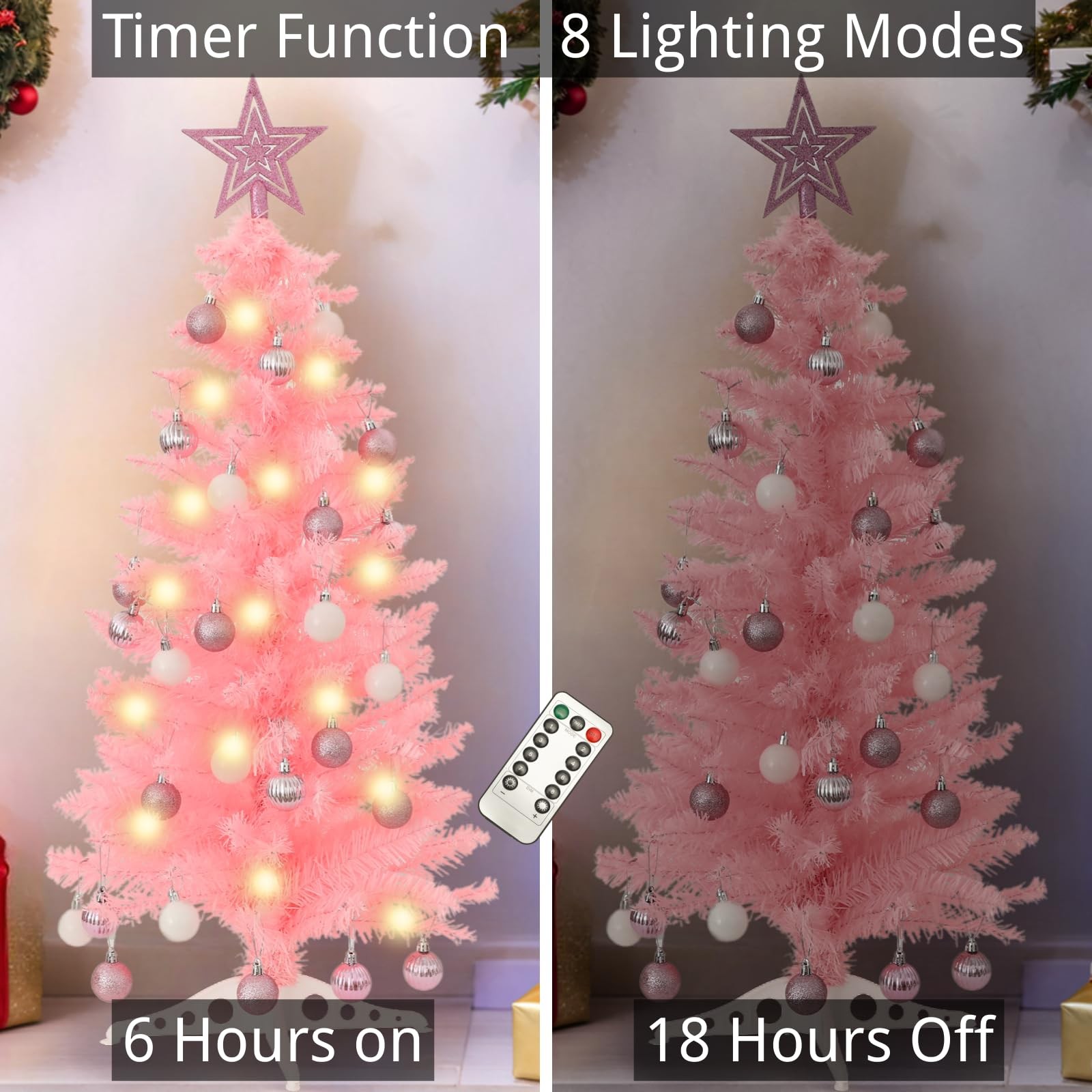 3 FT Pink Artificial Christmas Tree 50 Warm Lights 8 Modes Remote Star Top