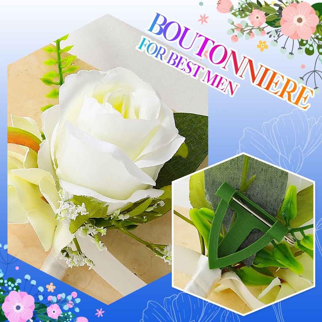 White Rose Artificial Flowers Boutonniere For Men Groom Wedding Prom