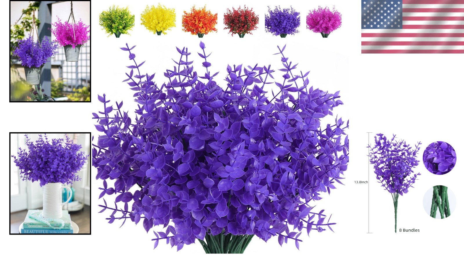 Vibrant UV Resistant 8 Pcs Fake Plants – Pure Purple Eucalyptus for Home Decor