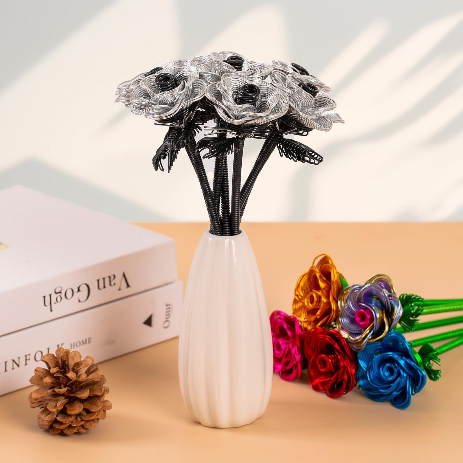 6 PCS Artificial Flowers Metal Bouquet Roses Silver Black Fake Rose Decor