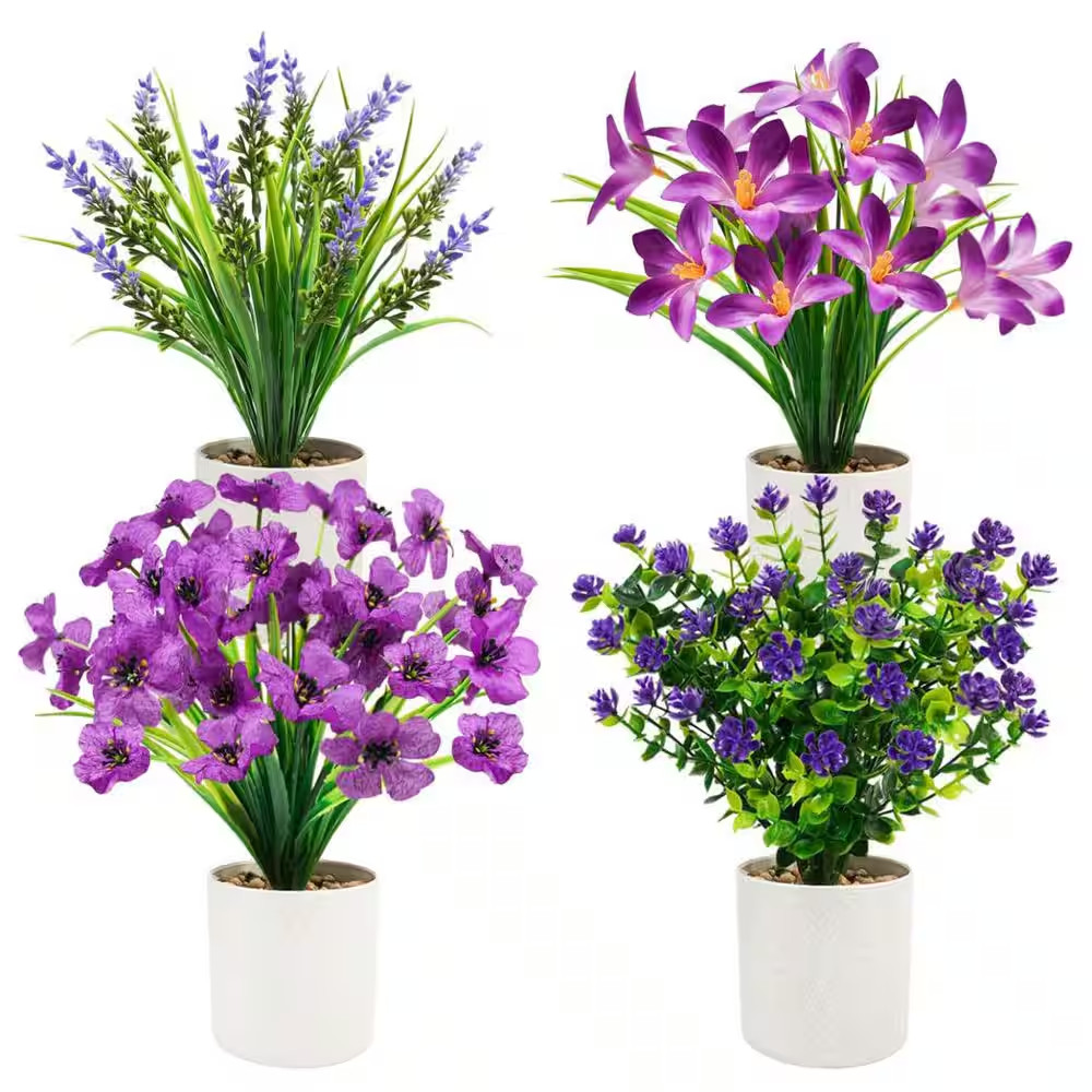 Small Artificial Potted Flowers Garden Statue, 4-Pack