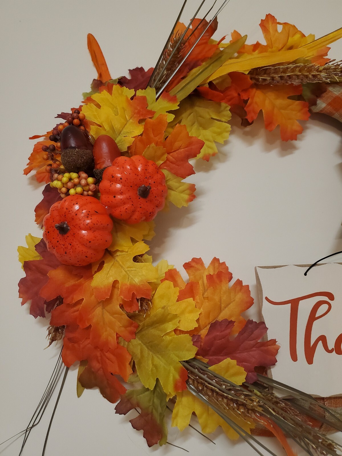 THANKFUL orange yellow FLOWERS pumpkins WREATH FALL autumn Decor Front Door 16″