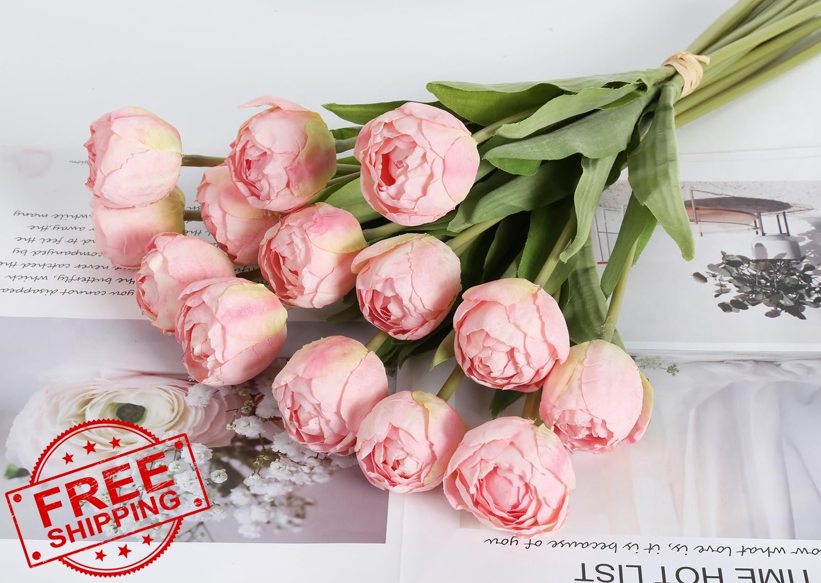 IPOPU Pink Tulips Artificial Flowers 2 Bouquets Real Looking