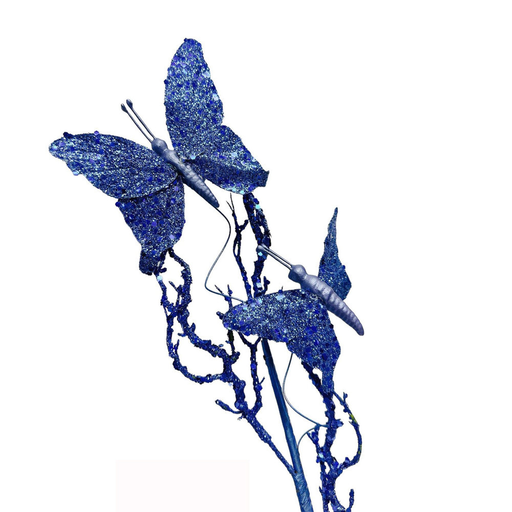 10 Pc 31″ Blue Glitter Twig With 2 Butterflies Dead Twig Branch Window Floral