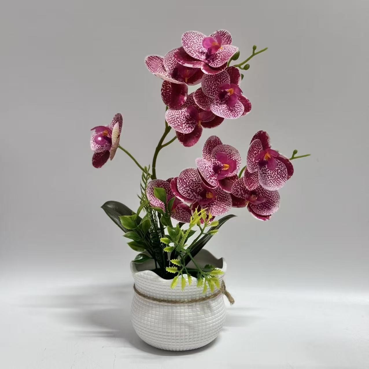 Plastic and Soft Rubber White Orchid Flower for Home Decor in Grid Pot