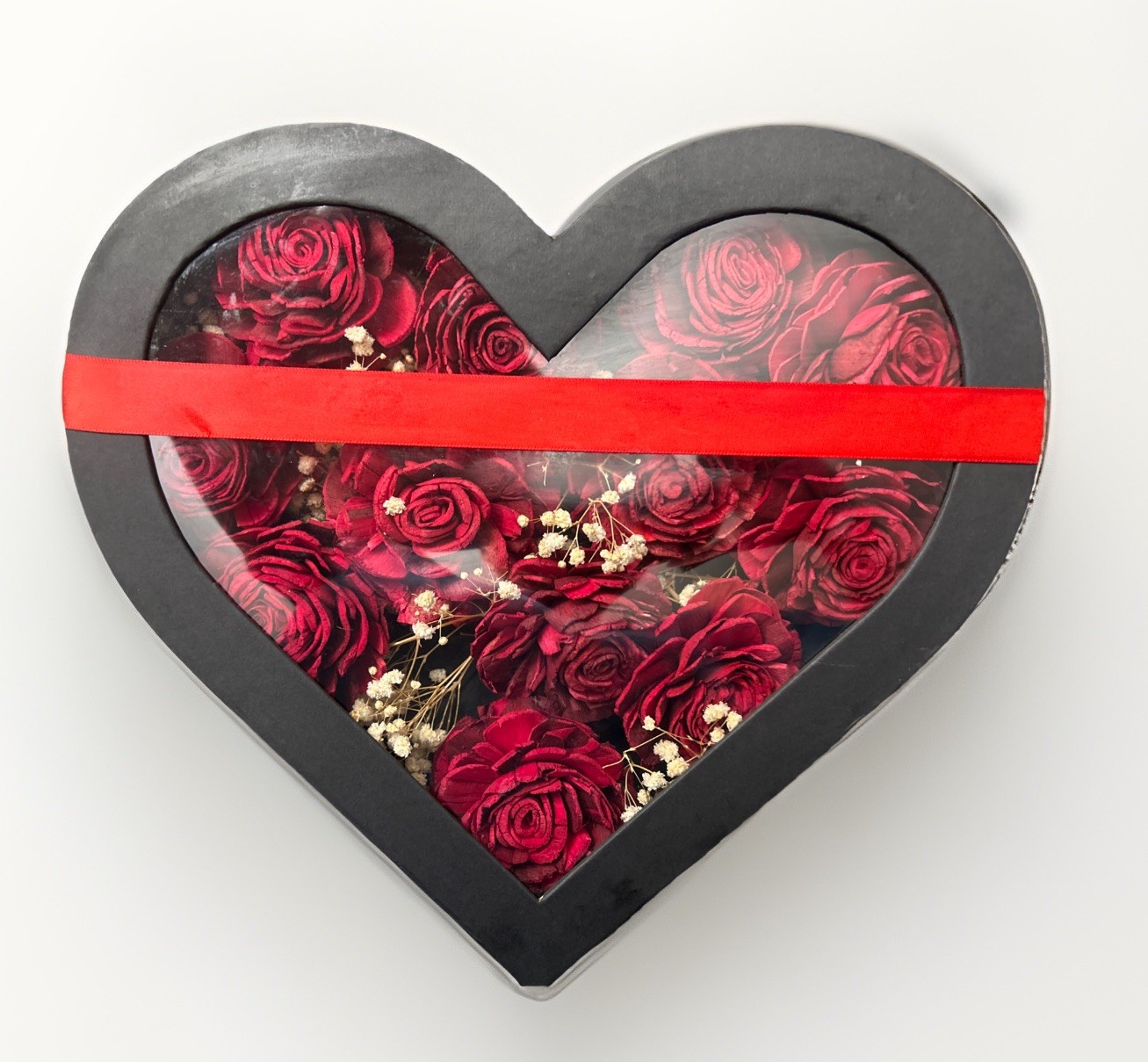 Heart Box of Red Roses – 1 dozen with easel or picture hanger for display