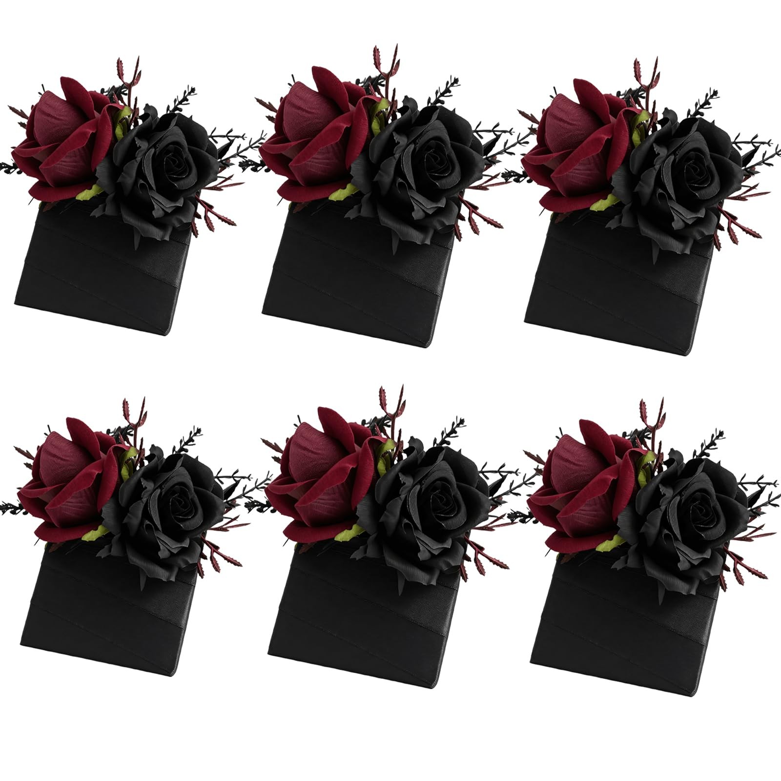 6 PCS Black Burgundy Rose Pocket Boutonniere Pinless Clip Groom Wedding Prom