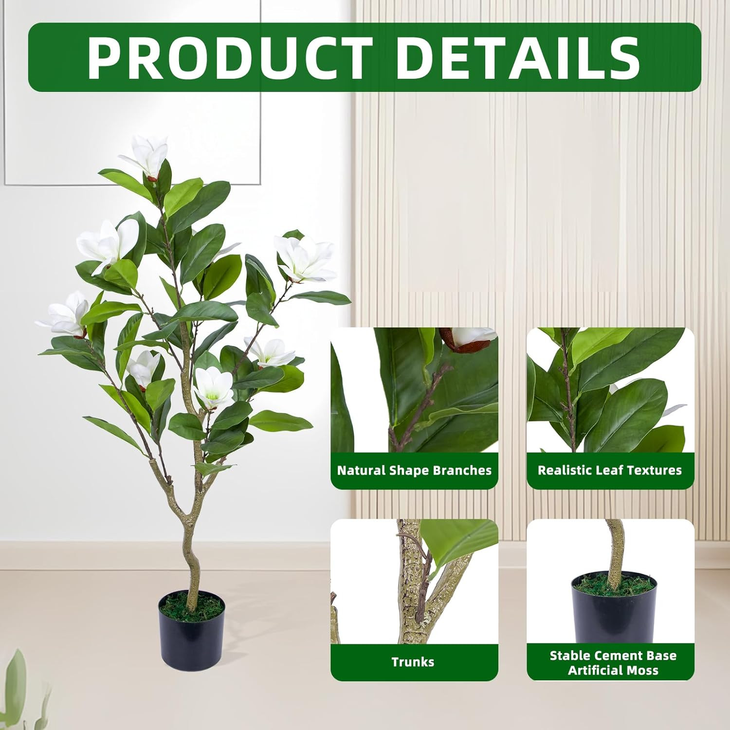 Set of 2 – 45″ Faux Magnolia Trees with Realistic Leaves & Flowers for Decor