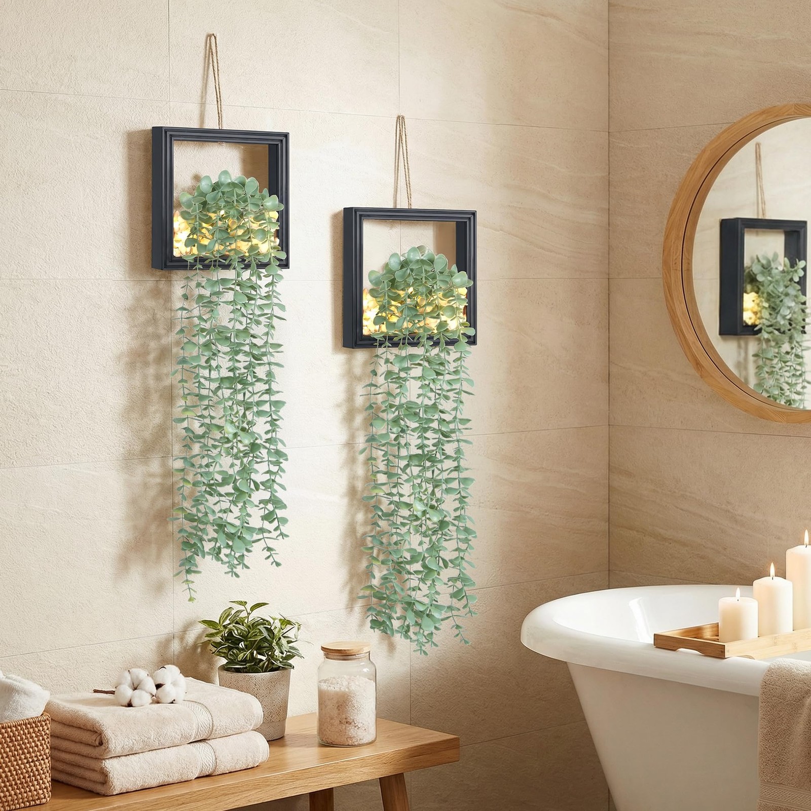 2 Pack Fake Plants Hanging, Artificial Eucalyptus Vines in Square Wooden Fram…