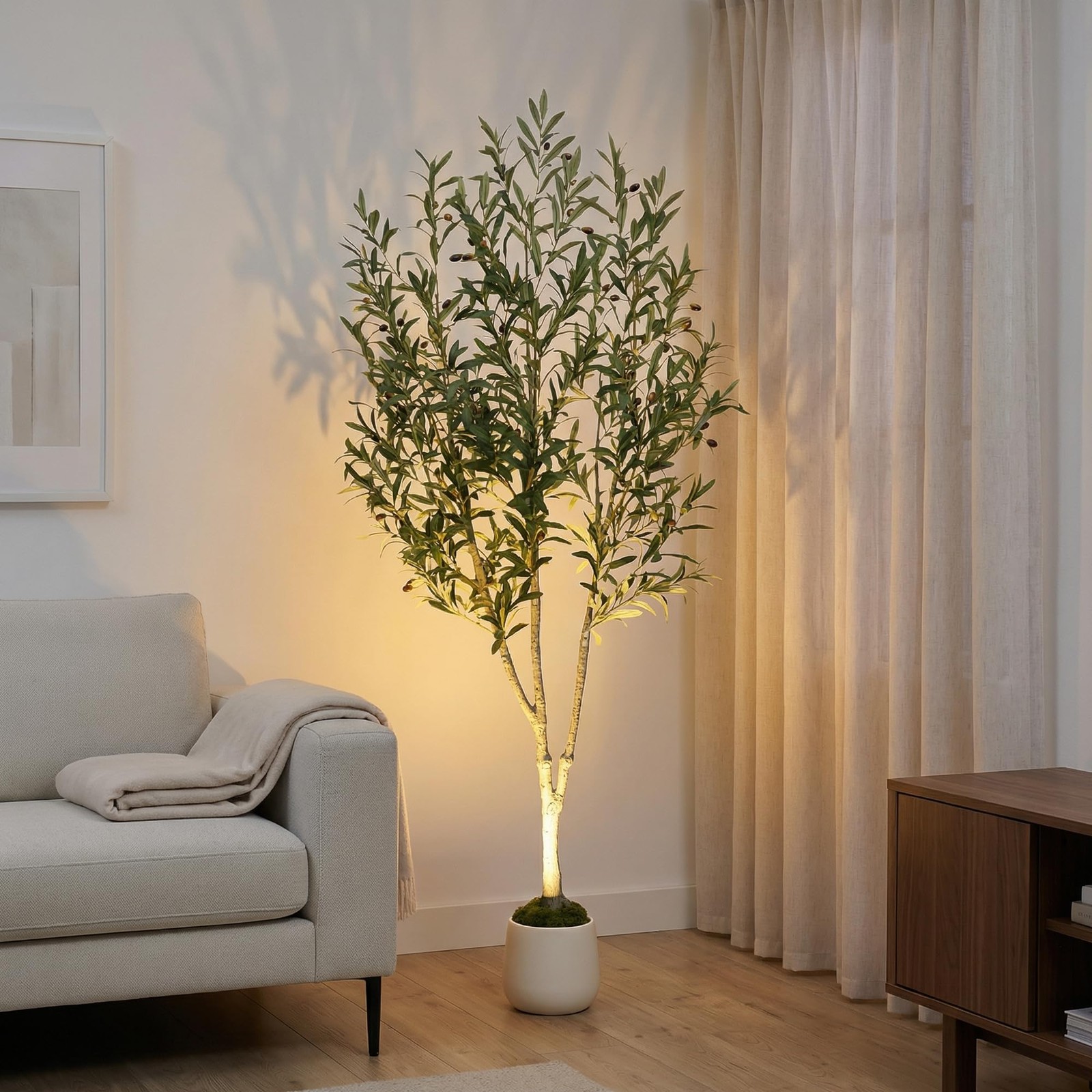 6ft (180 cm) Artificial Olive Tree with White Pot, Moss & USB LED – 943 Leave…
