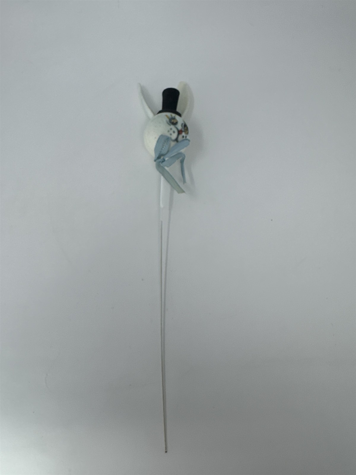 Vtg Easter Flocked Bunny Head Floral Pick Top Hat Blue Ribbon Felt Rabbit 11″