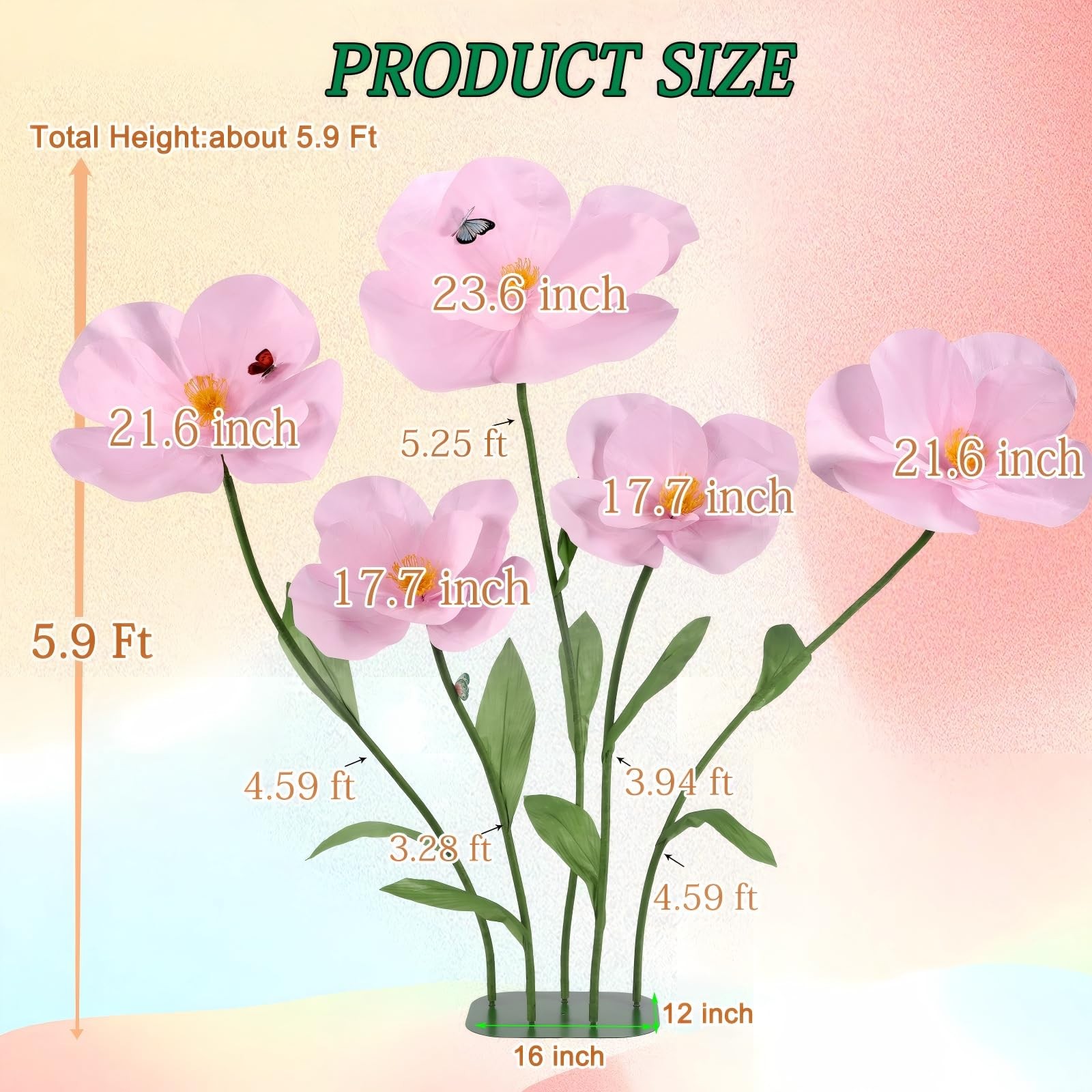 5 PCS Giant Flowers for Decoration with Stand 5.9 Ft Large Artificial Poppy