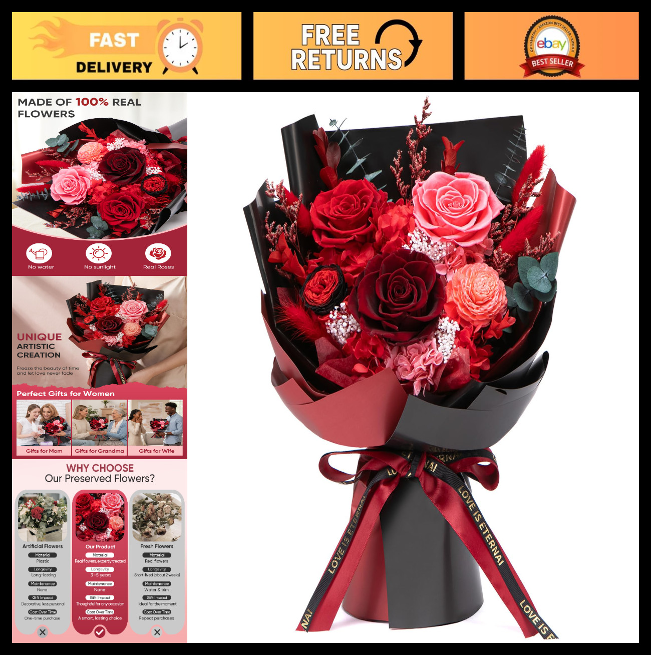 Preserved Flower Bouquet – Forever Fresh Red Roses for Birthdays, Anniversaries
