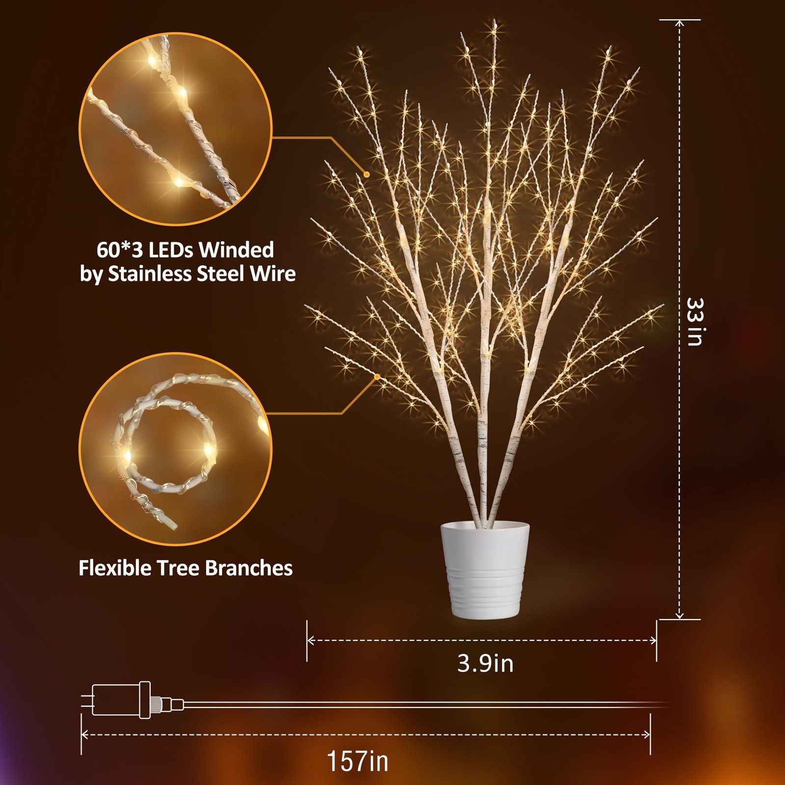 Lighted White Birch Branches, 33IN 180LED, Timer, Plug in, Artificial Twig