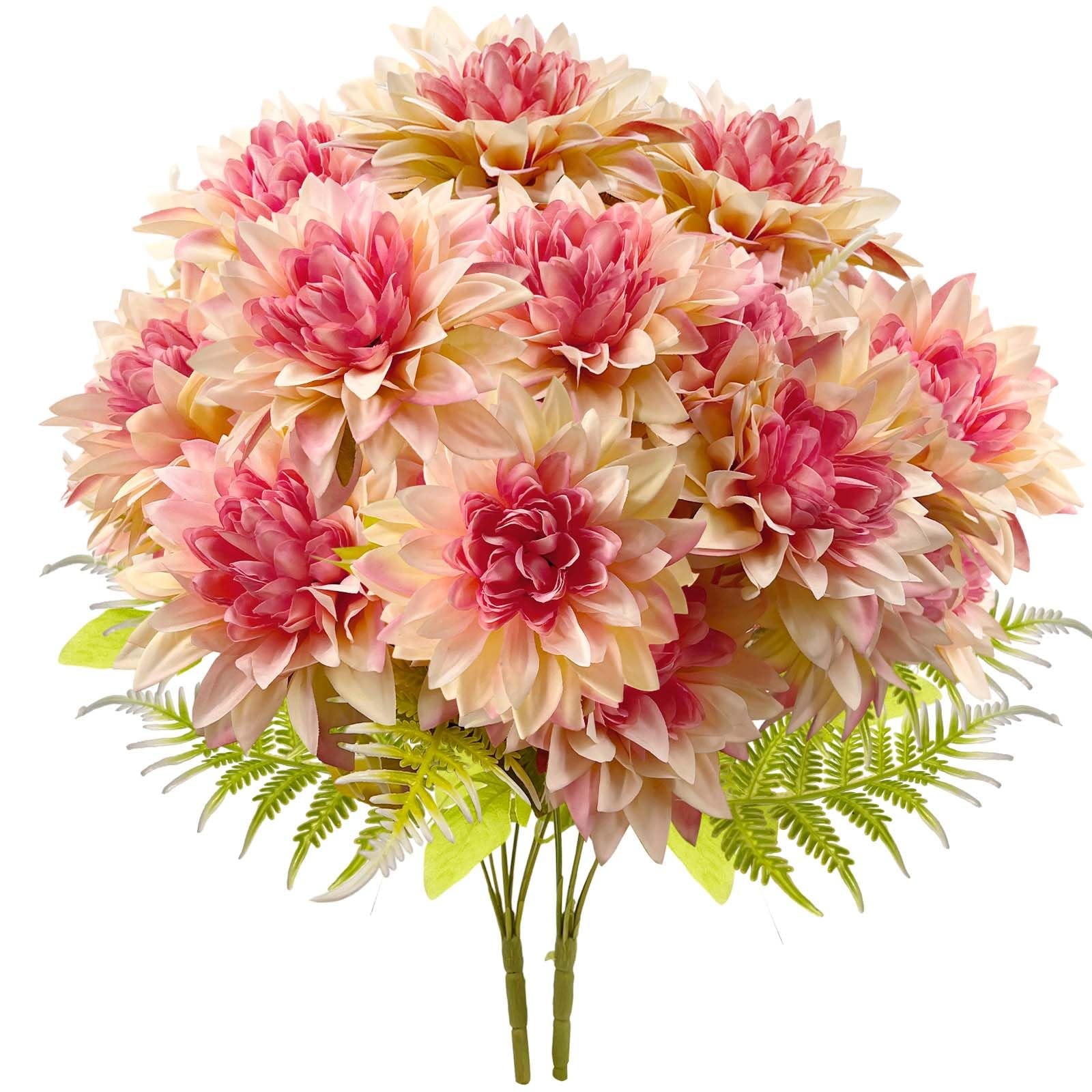 14 Blooms Artificial Dahlia Flowers, 2 Bunches Gradient Pink Fake Dahlias wit…