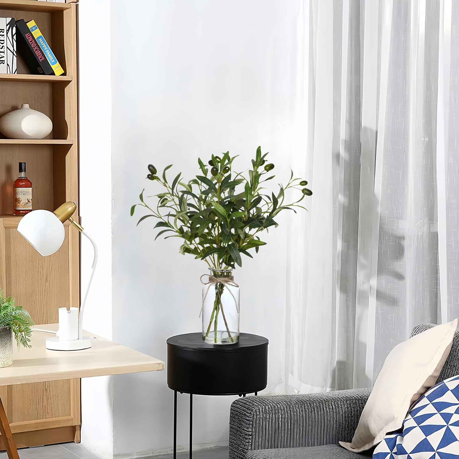 Artificial Plants Olive Branch in Glass Vase, 14.5” Fake Plant Greenery Stems…