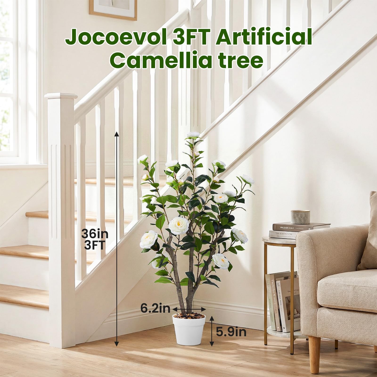 3FT Artificial Camellia Tree 2 Pack, 36“ Faux Camellia Plant in Pot, Floral T…