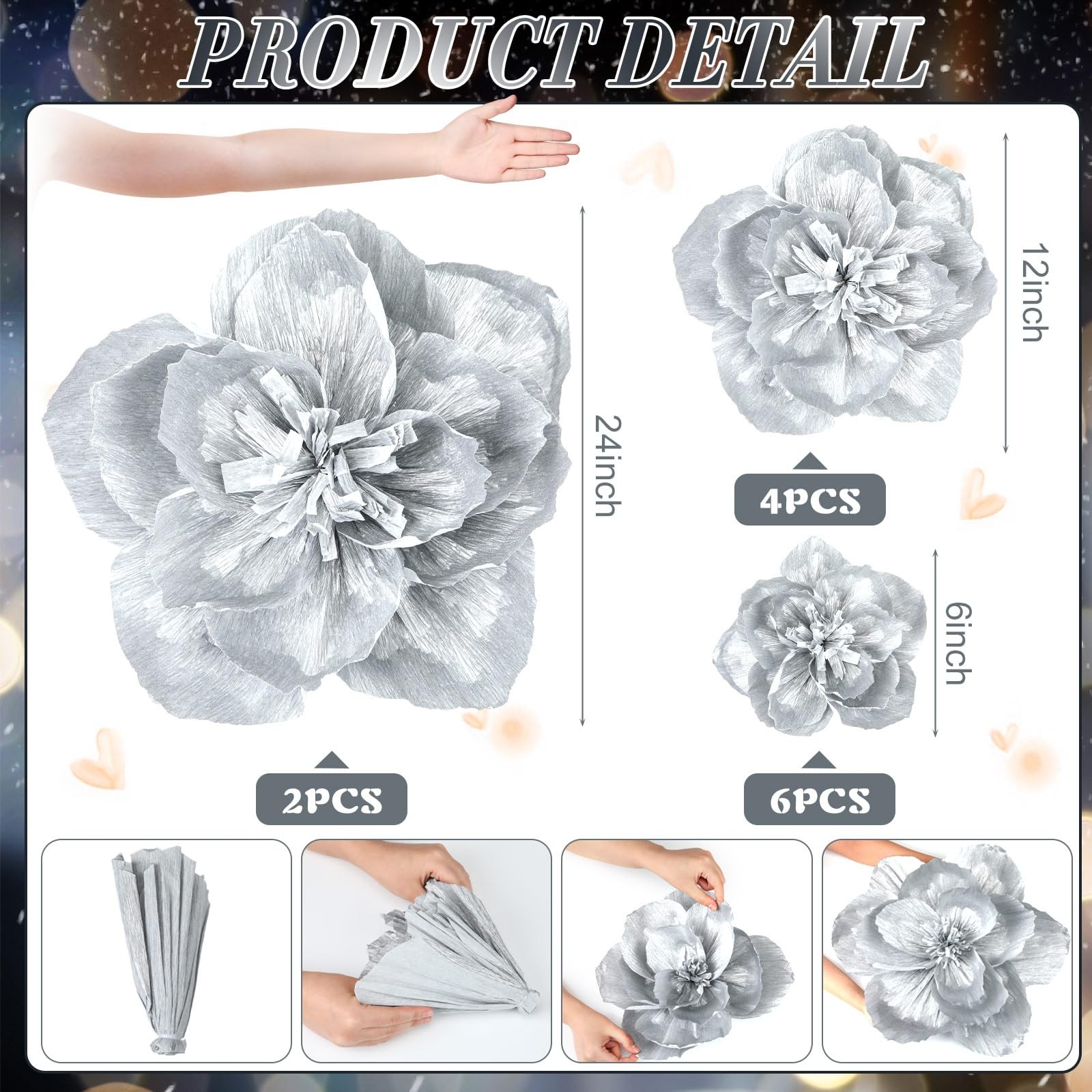 Giant Artificial Paper Flowers Wall Backdrop Decoration Silver 12 PCS Set