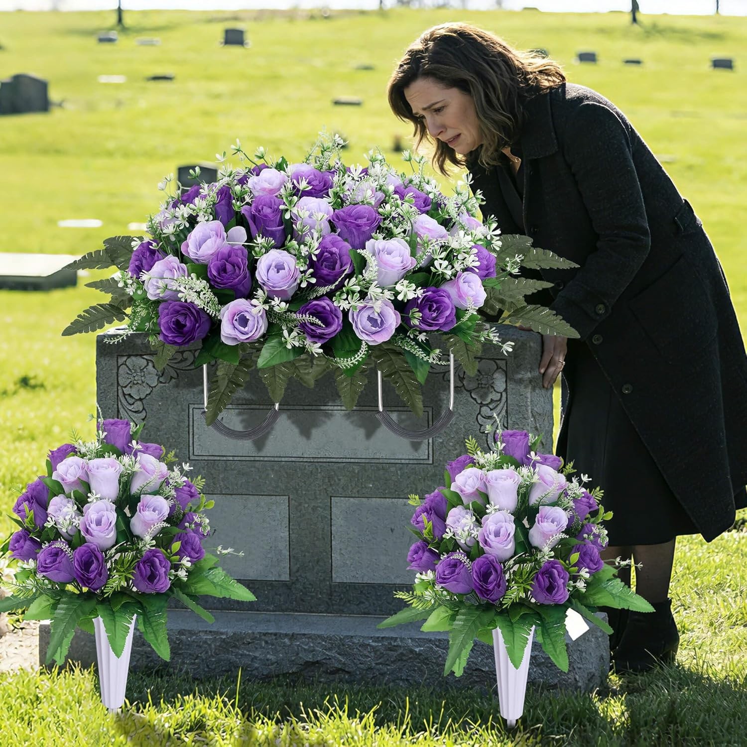 3 Sets Cemetery Flowers for Grave,Headstone Flower Saddle,Grave Memorial Flow