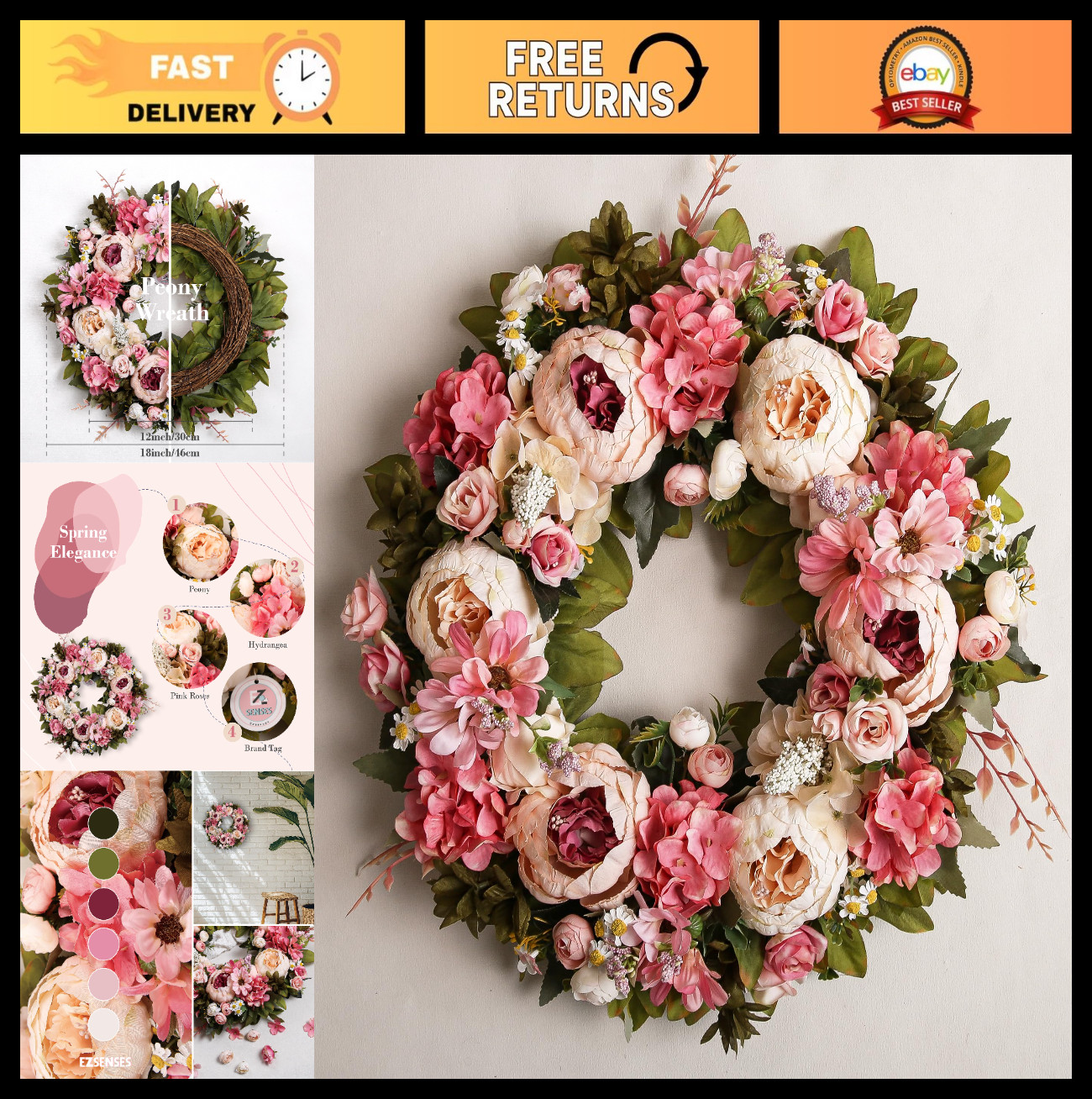 18″ Light Pink Peony Wreath – Spring Floral Door Decor, Wedding & Housewarming G
