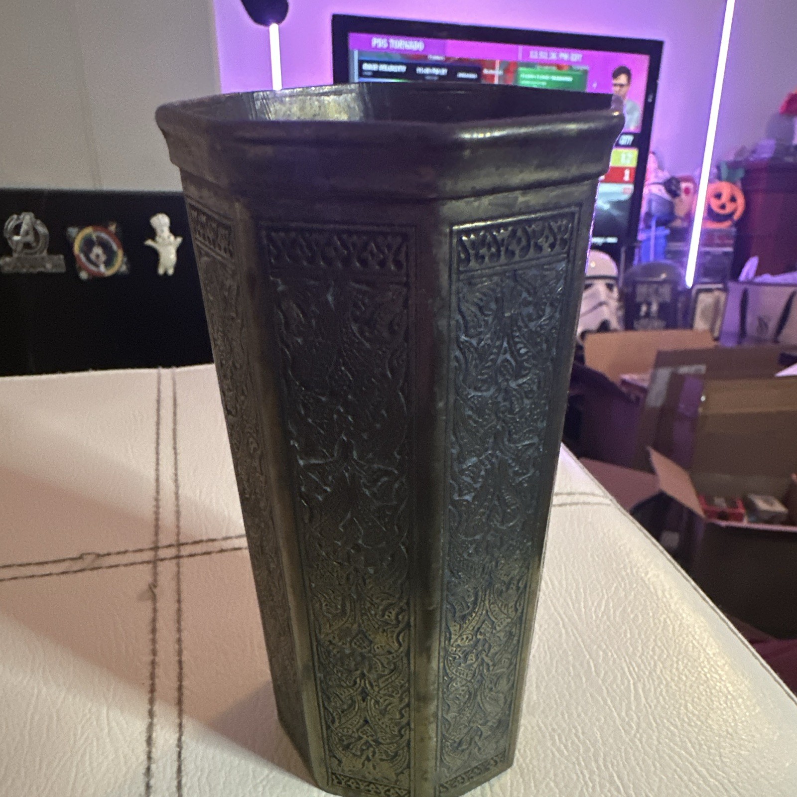 Vintage Hexagonal Embossed Floral Metal Vase Kinco Brassware