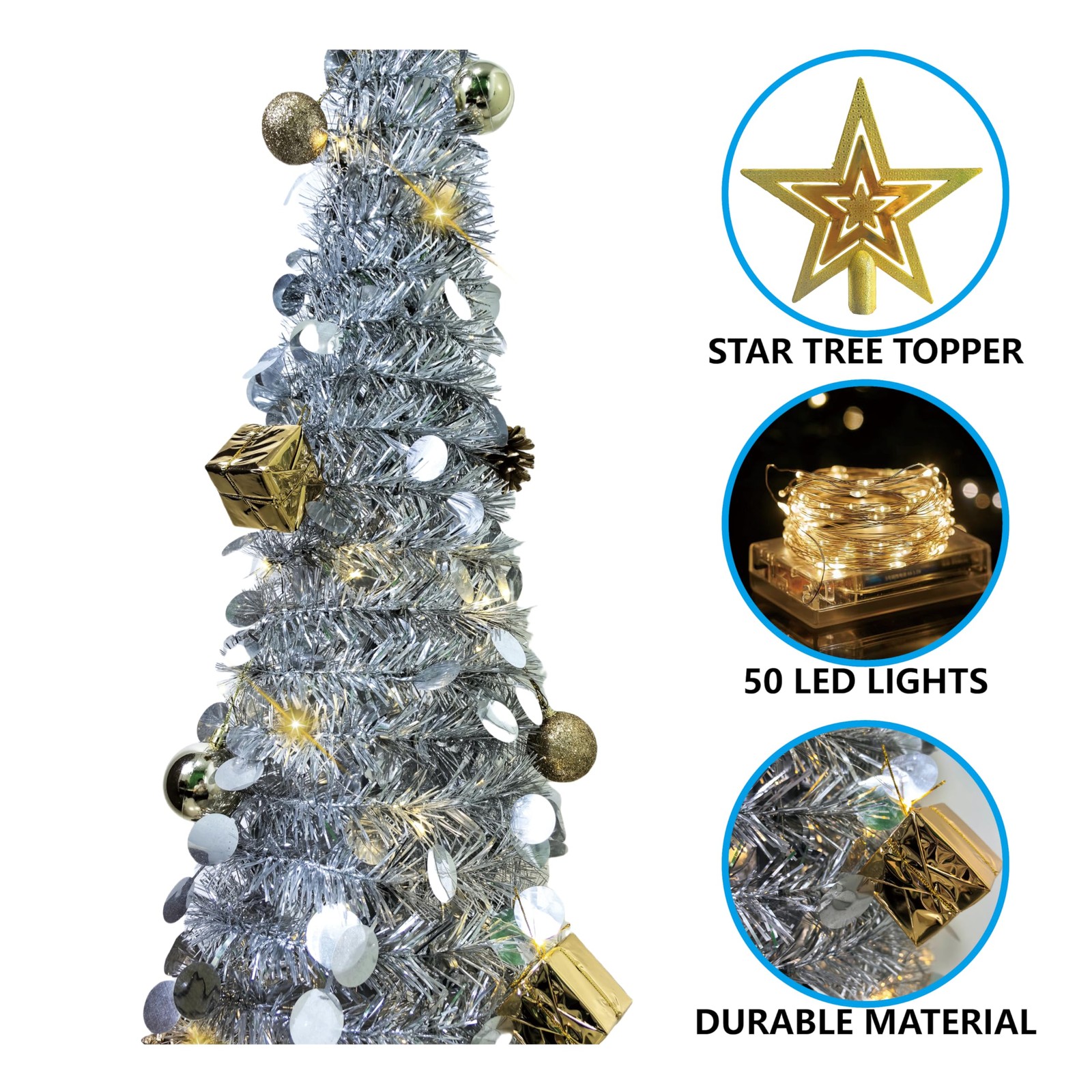 5FT Silver Pop Up Pencil Christmas Tree Lights Artificial Prelit Slim Decor
