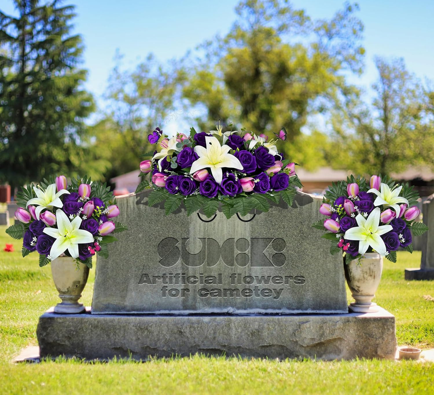 Elegant Cemetery Flowers with Vases – Silk Lilies & Butterflies, Purple/White