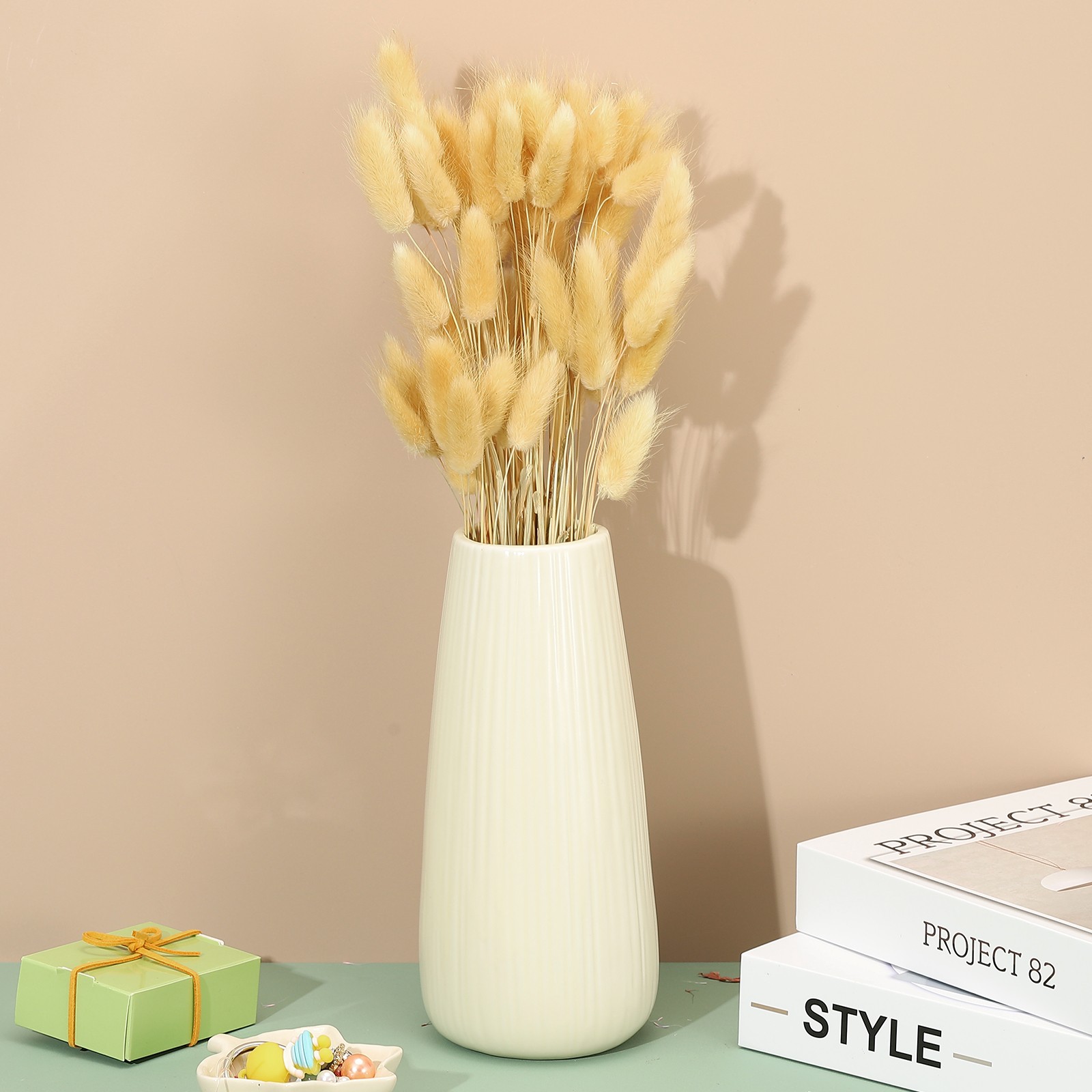 15.7in Bunny Tails Dried Flowers 150pcs Pampas Grass Decor, Beige