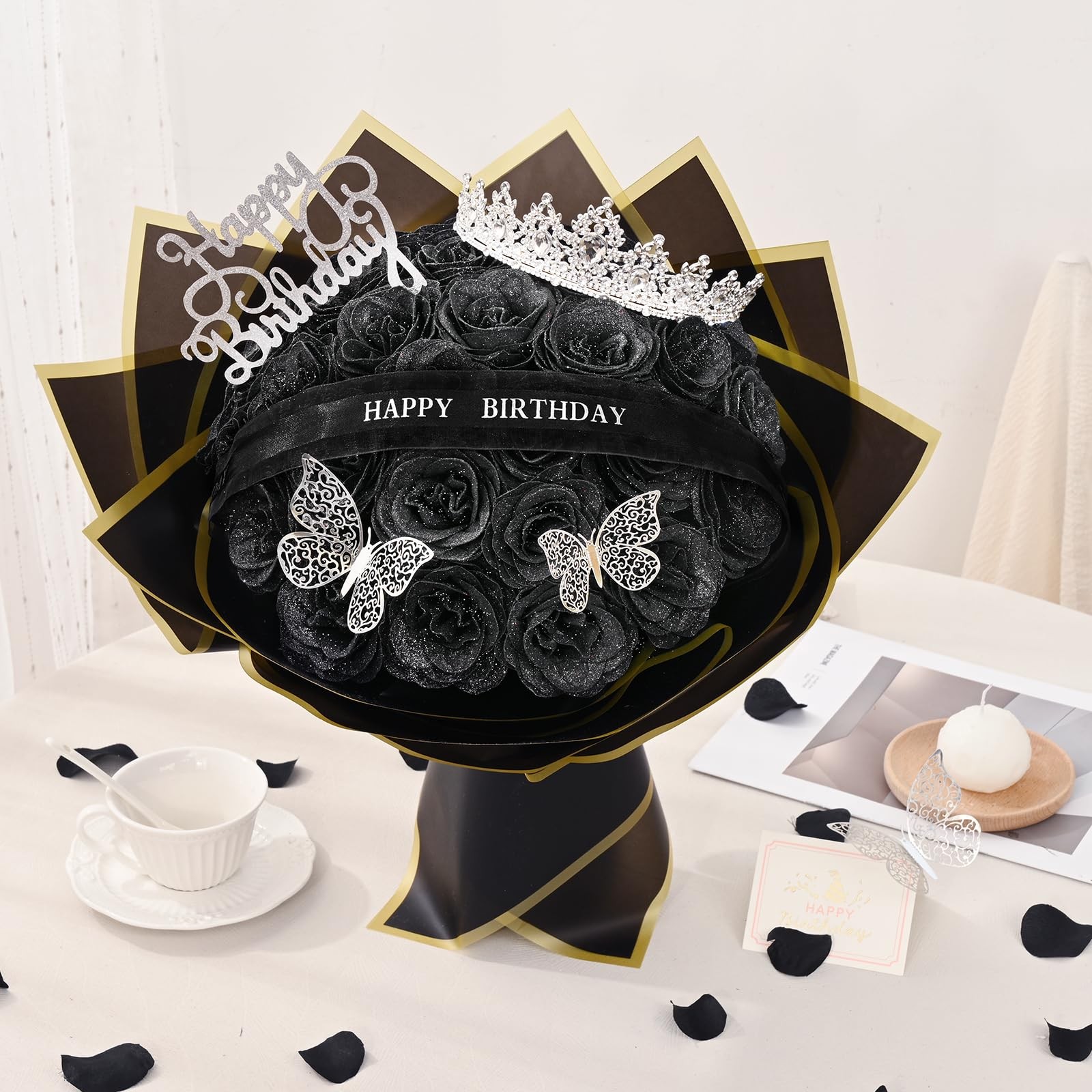 Glitter Roses Bouquet 36 PCS Black Artificial Flowers Birthday Gifts Women Mom