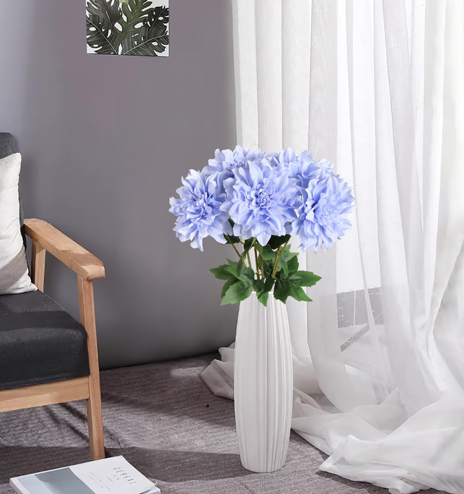 Artificial Dahlia Flowers,6PCS Light Blue Flowers 23.62″ Silk Faux Dahlias fo…