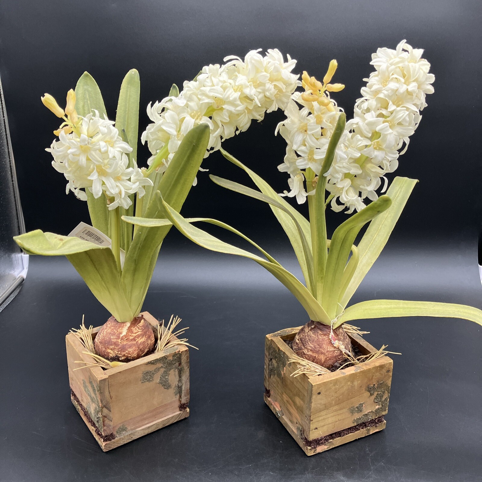 PAIR Faux Hyancinth Bulb And Stem WOOD Planter. Large. Nice.