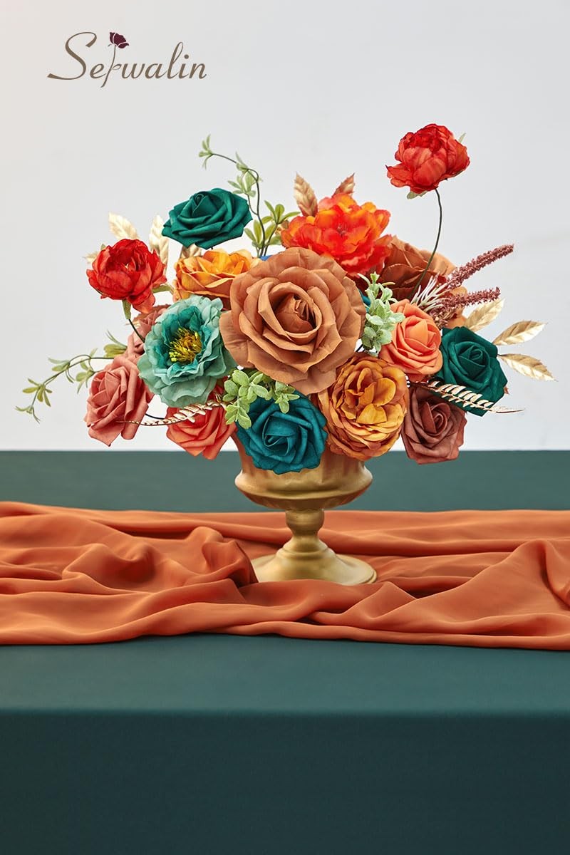 Spring Artificial Flowers Burnt Orange Teal Silk Cake Decor Floral Centerpiece
