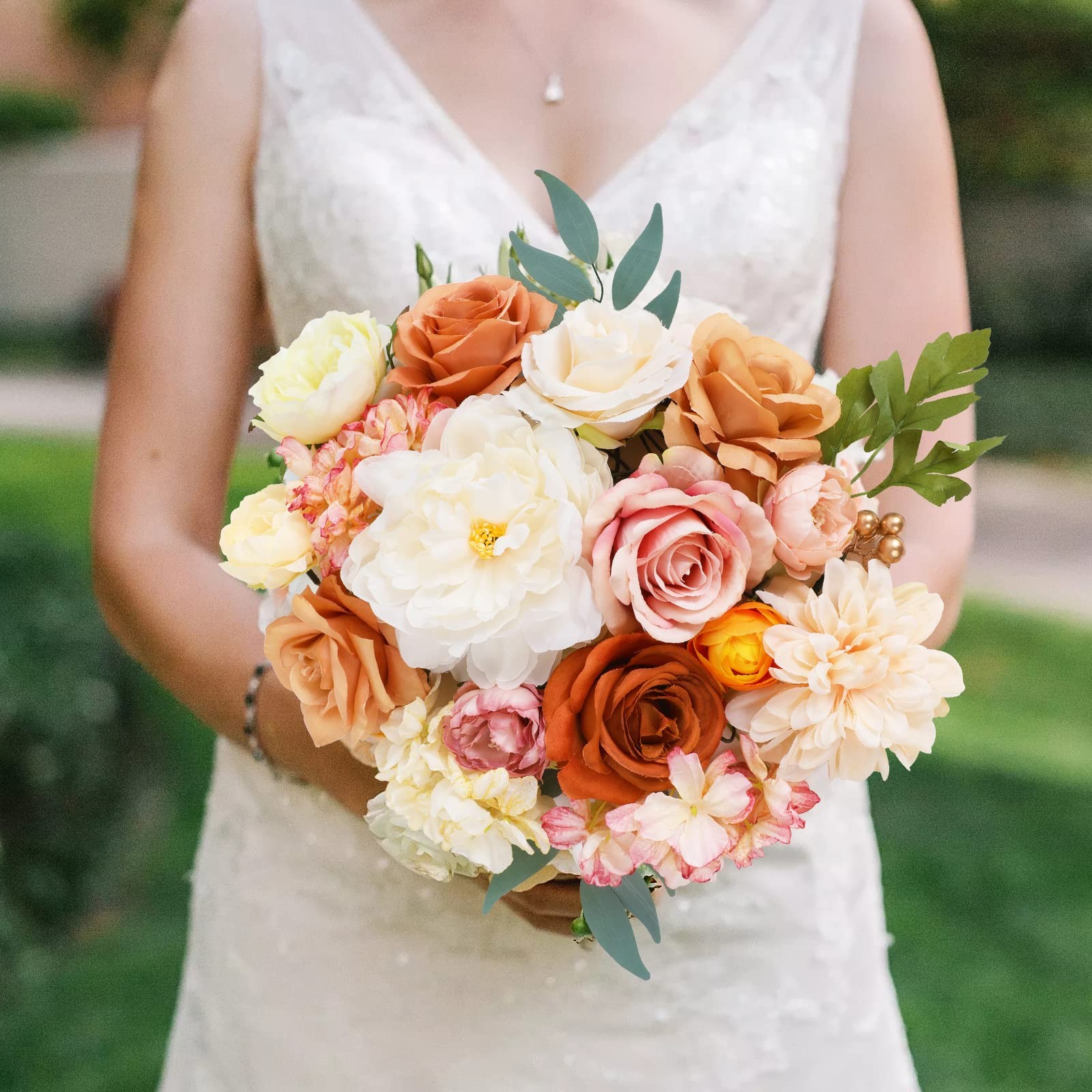 AmyHomie Champagne Artificial Flowers Combo Silk Mix Peony Rose Hydrangea Fak…