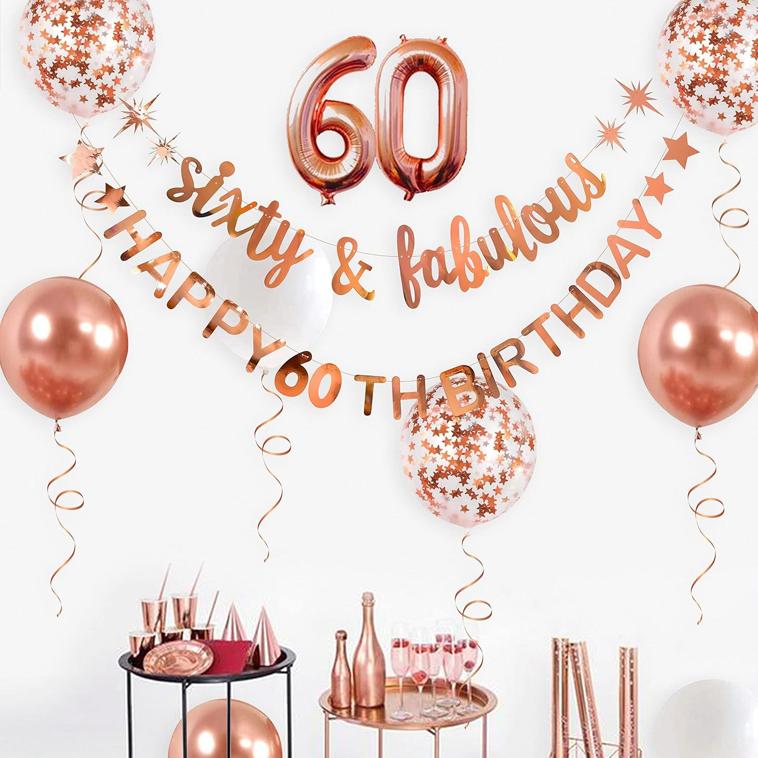 Rose Gold Sixty & Fabulous Happy 60Th Birthday Banner Garland Foil Balloon 60 fo