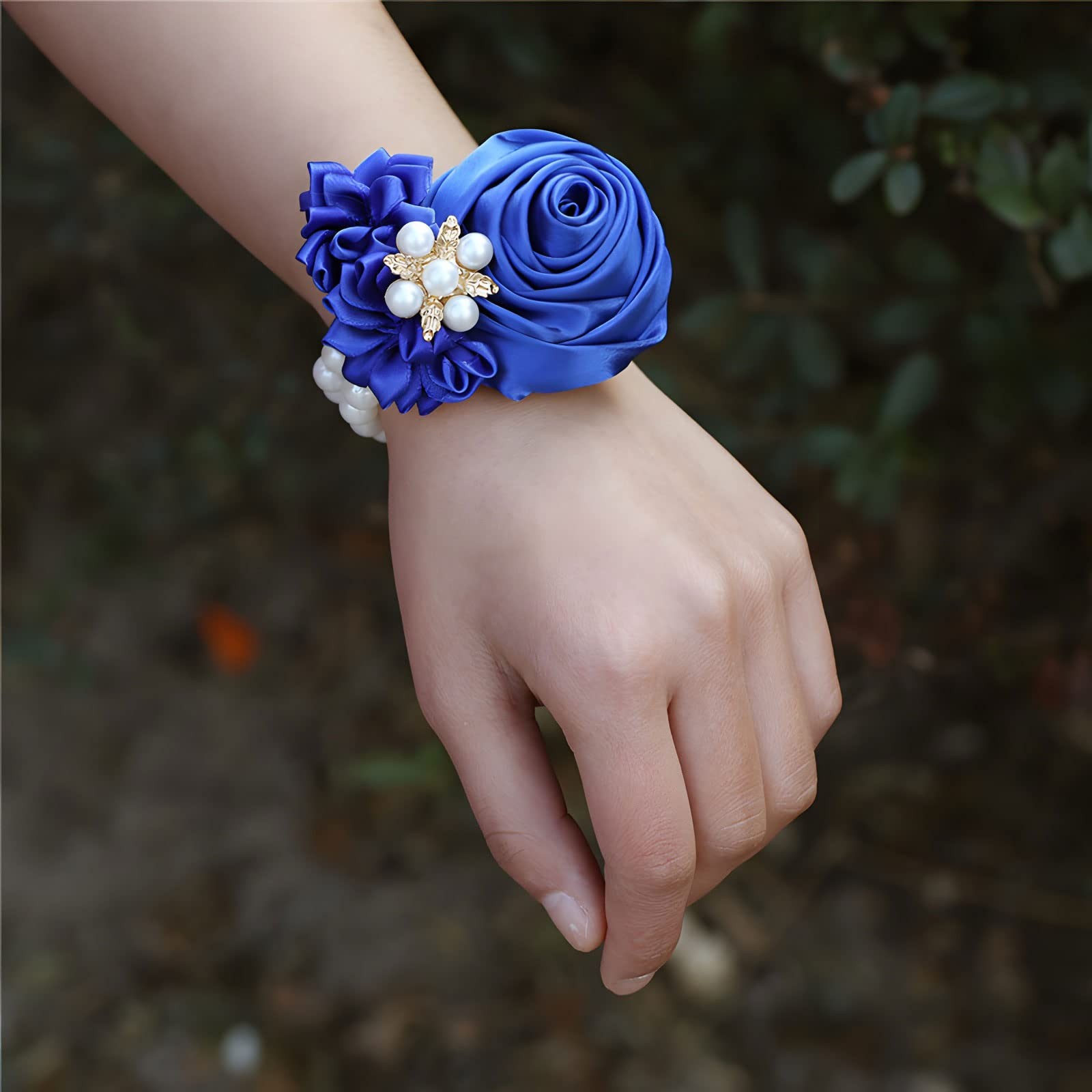 2 PCS Blue Satin Rose Bridal Wrist Corsage Set Hand Flower Wedding Bridesmaid
