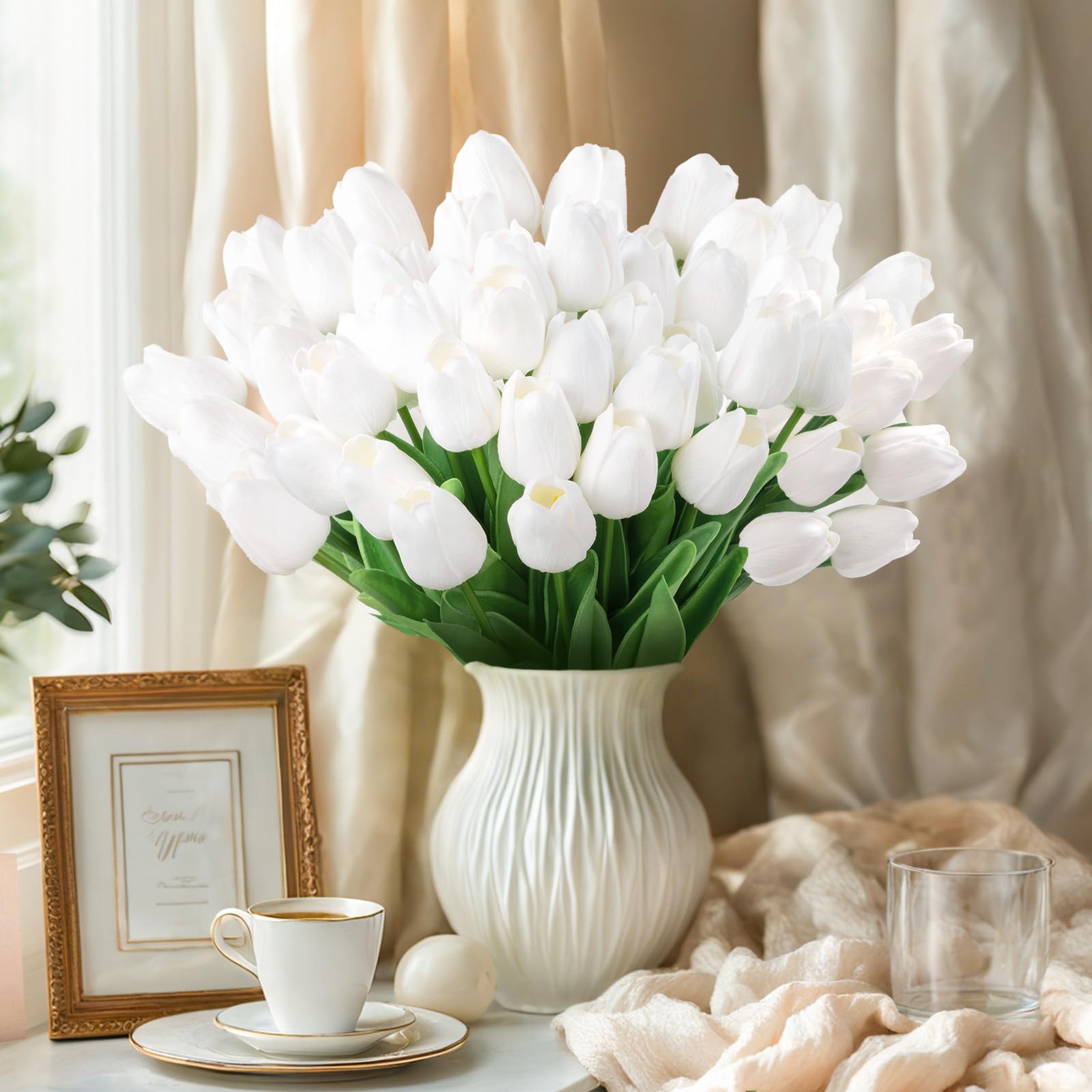 30Pcs Fake Tulips Artificial Flowers with Stems Faux Tulips Bouquet Real Touc…
